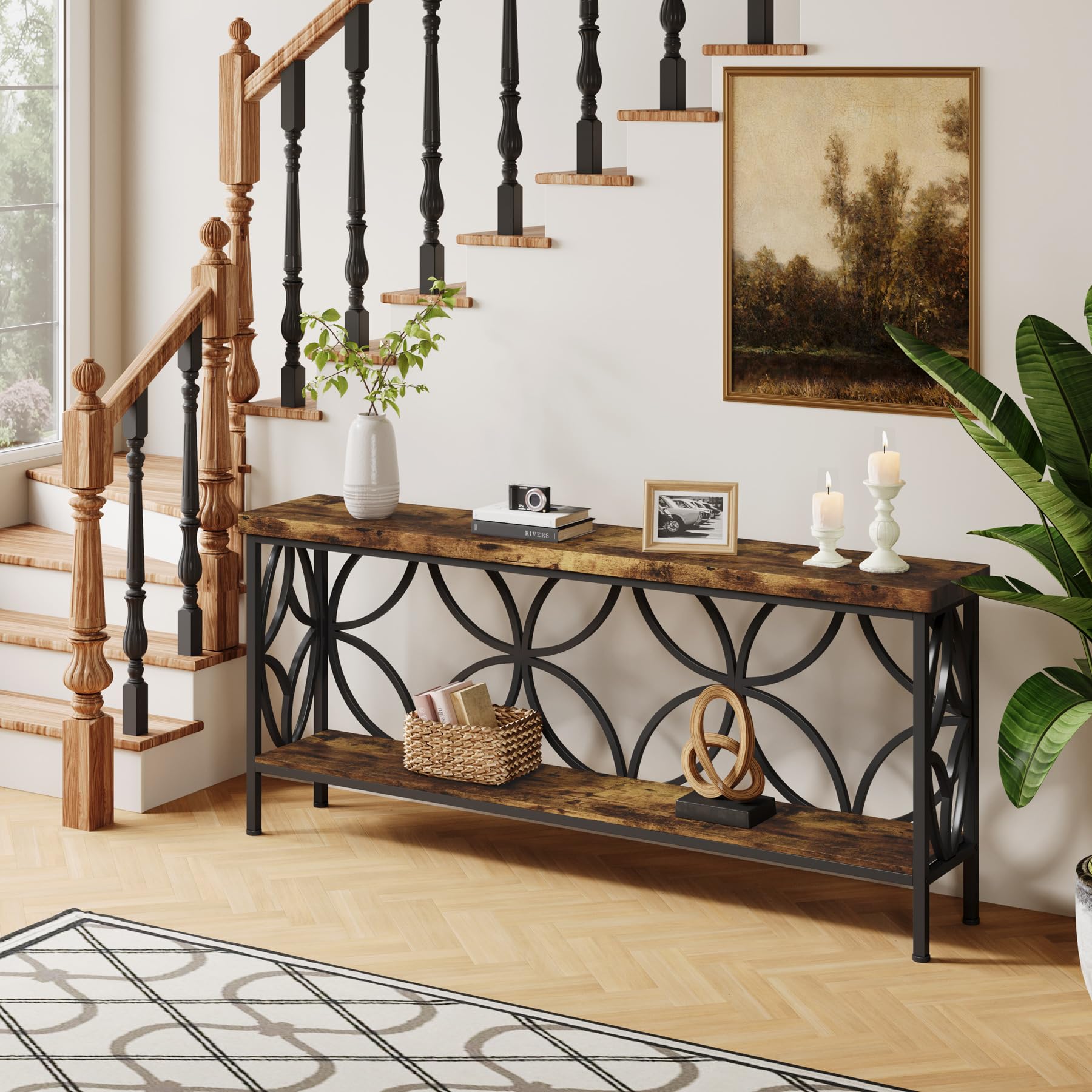 Tribesigns Wąski stolik do sofy, 160 cm, przemysłowy, długi stolik za kanapą, konsola wejściowa z miejscem do przechowywania, do salonu, foyer, unikalny design, brązowy