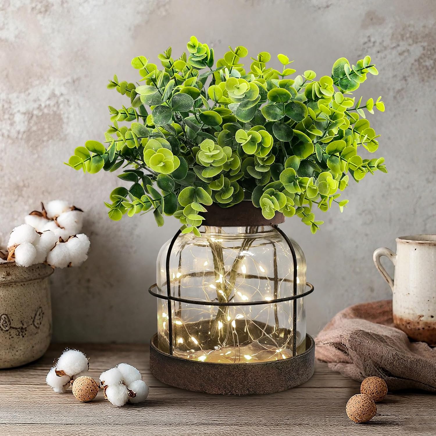 Rustic Farmhouse Glass Vases with Green Artificial Eucalyptus Plants & Lights Primitive Vintage Lantern Home Decor Centerpiece for Counter Coffee Table Shelf Desk Office Dining Room Kitchen Bathroom - Image 3