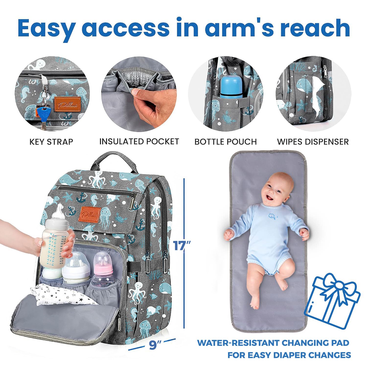 PILLANI Baby Diaper Bag Backpack - Backpack Diaper Bag w/Large Capacity - Baby Shower Gifts - Waterproof Travel Diaper Bags w/Changing Pad, Insulated Bottle Holders, Padded Straps - Baby Boy Stuff