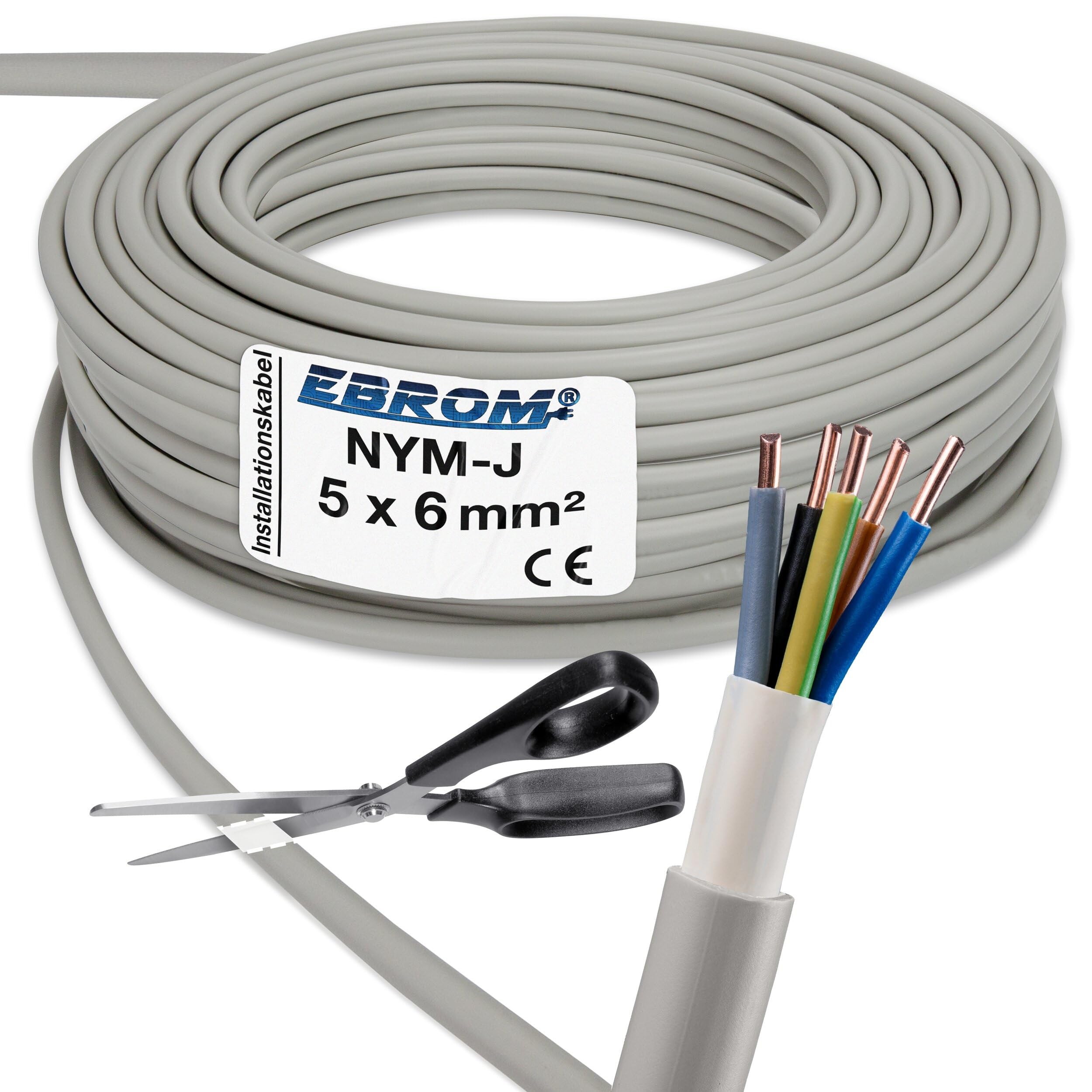 NYM-J Câble d'installation en plastique Gris 5 x 6 mm² Grand choix de quantité au choix à partir de 1 m