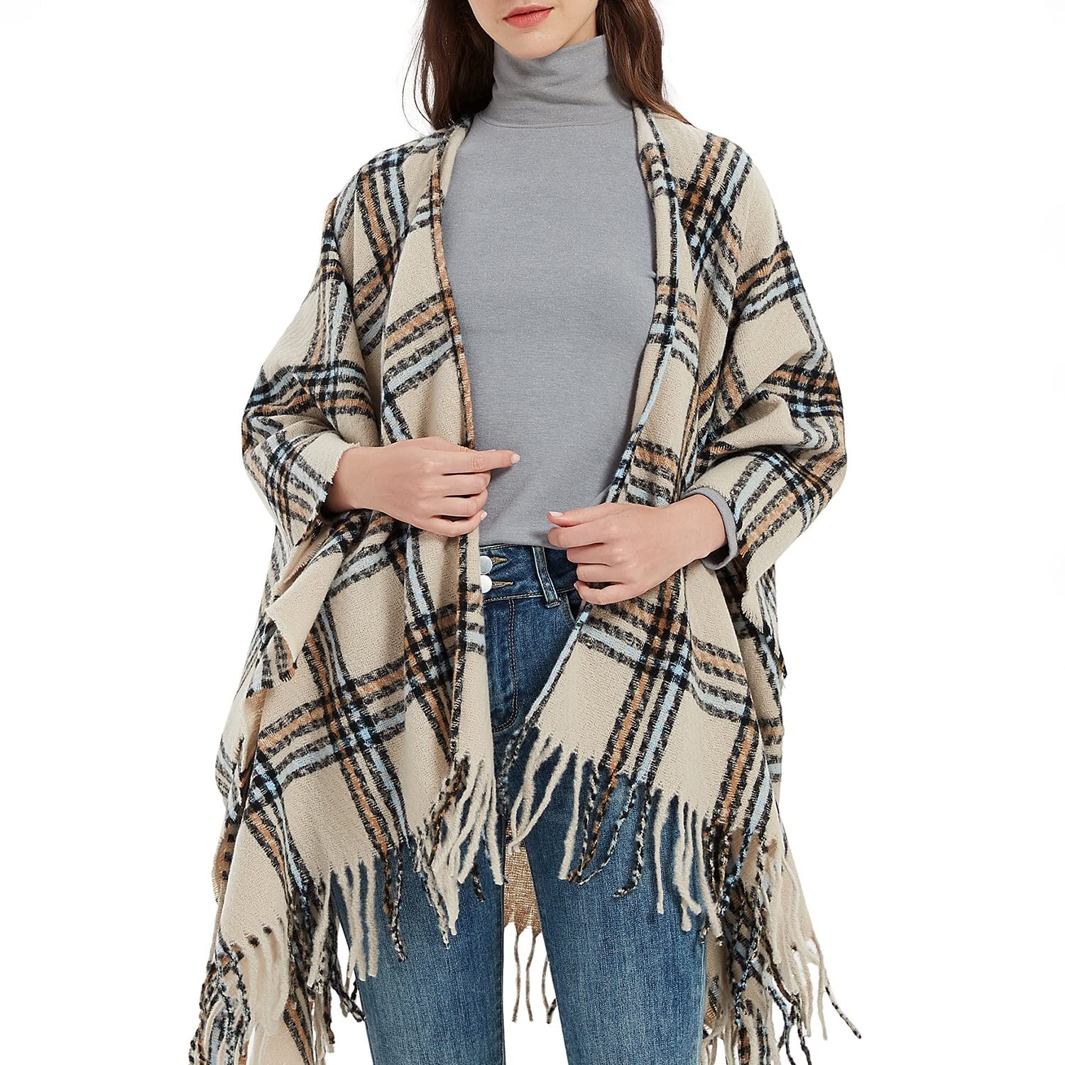Rayson Donna Inverno Modo Caldo Scialle Frange Cardigan Maglioni Delle Signore Plaid Stampa Anteriore Aperto Poncho Con Scollo a V Kimono Cintura Wrap Cape