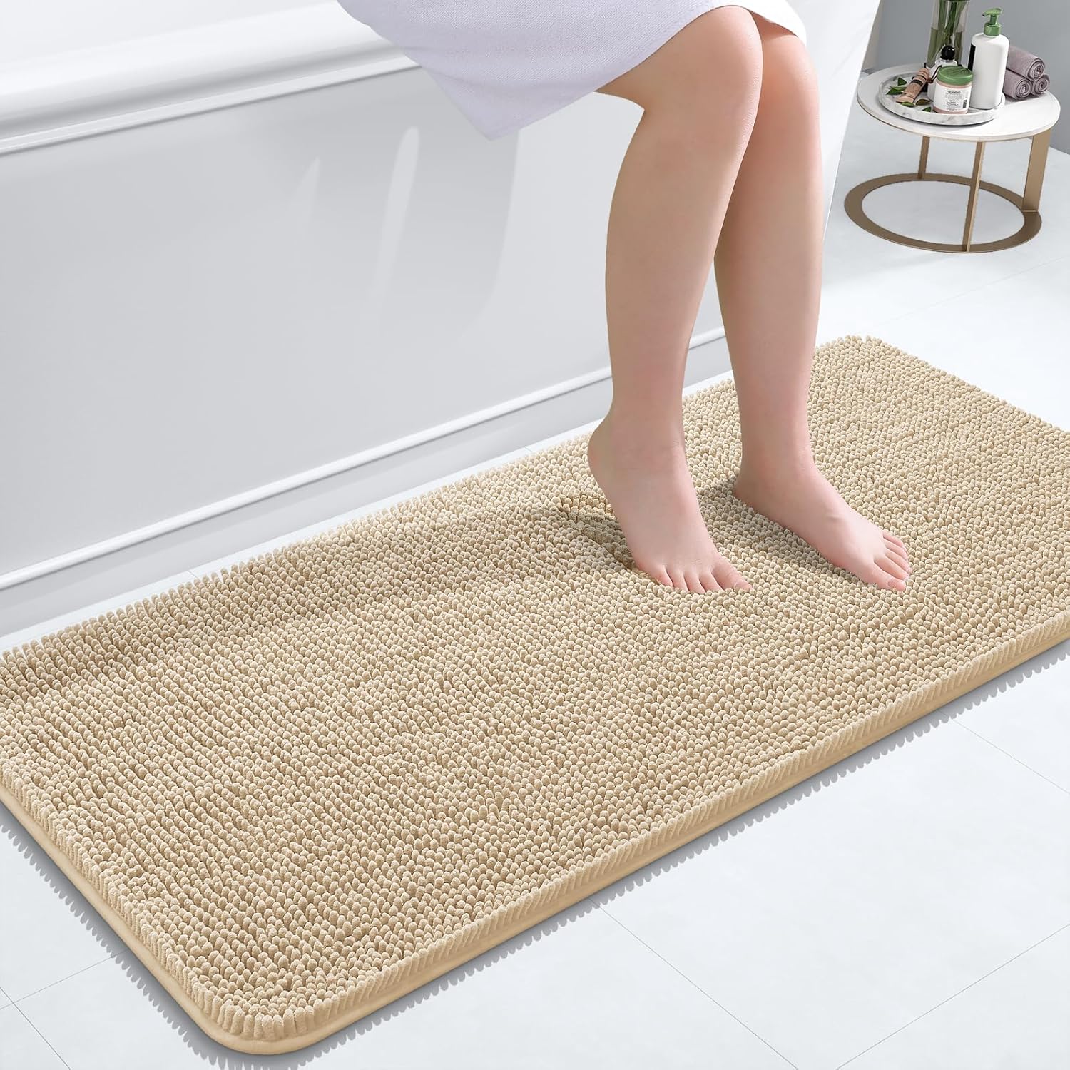 OLANLY Chenille Bath Rugs and Toilet Rugs U-Shaped, Bath Rug Size 47x20 and Toilet Rugs Size 24x20 in Beige, 2 Item Bundle