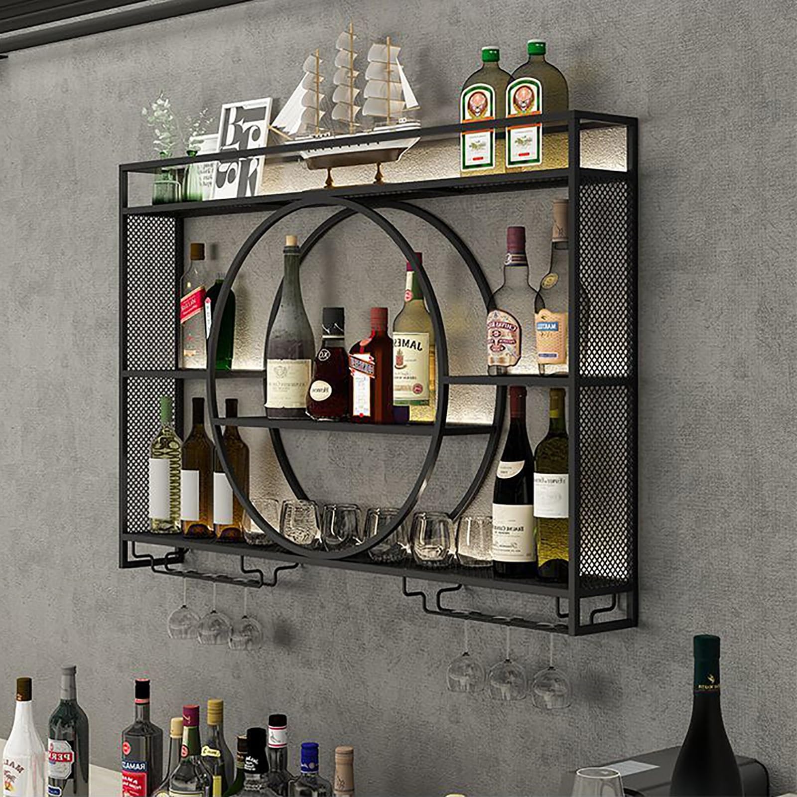 Casier à vin mural en métal style industriel pour bouteilles et verres de bar