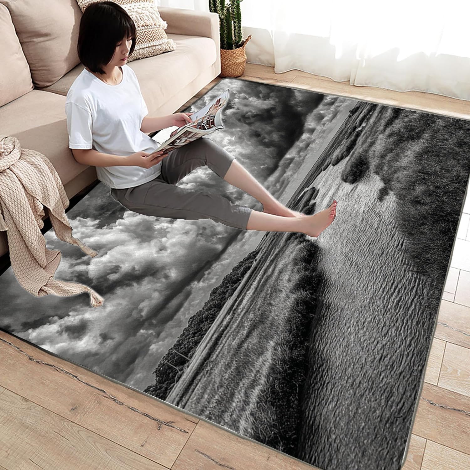 Kolorowy drukowany dywan do salonu rzeka pod chmurami do łazienki, kuchni (czarno-biały)-120x180cm
