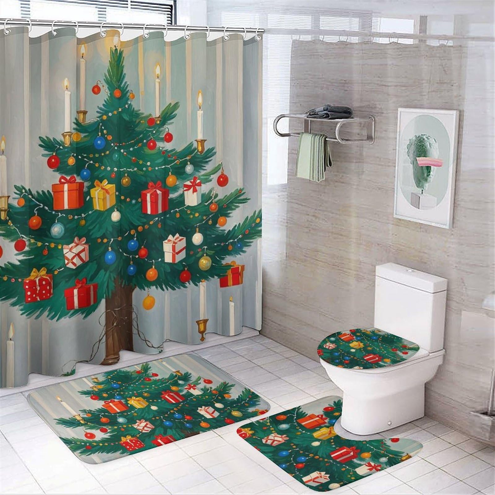 Housse de toilette et tapis de douche Noël ensemble salle de bain 4pcs