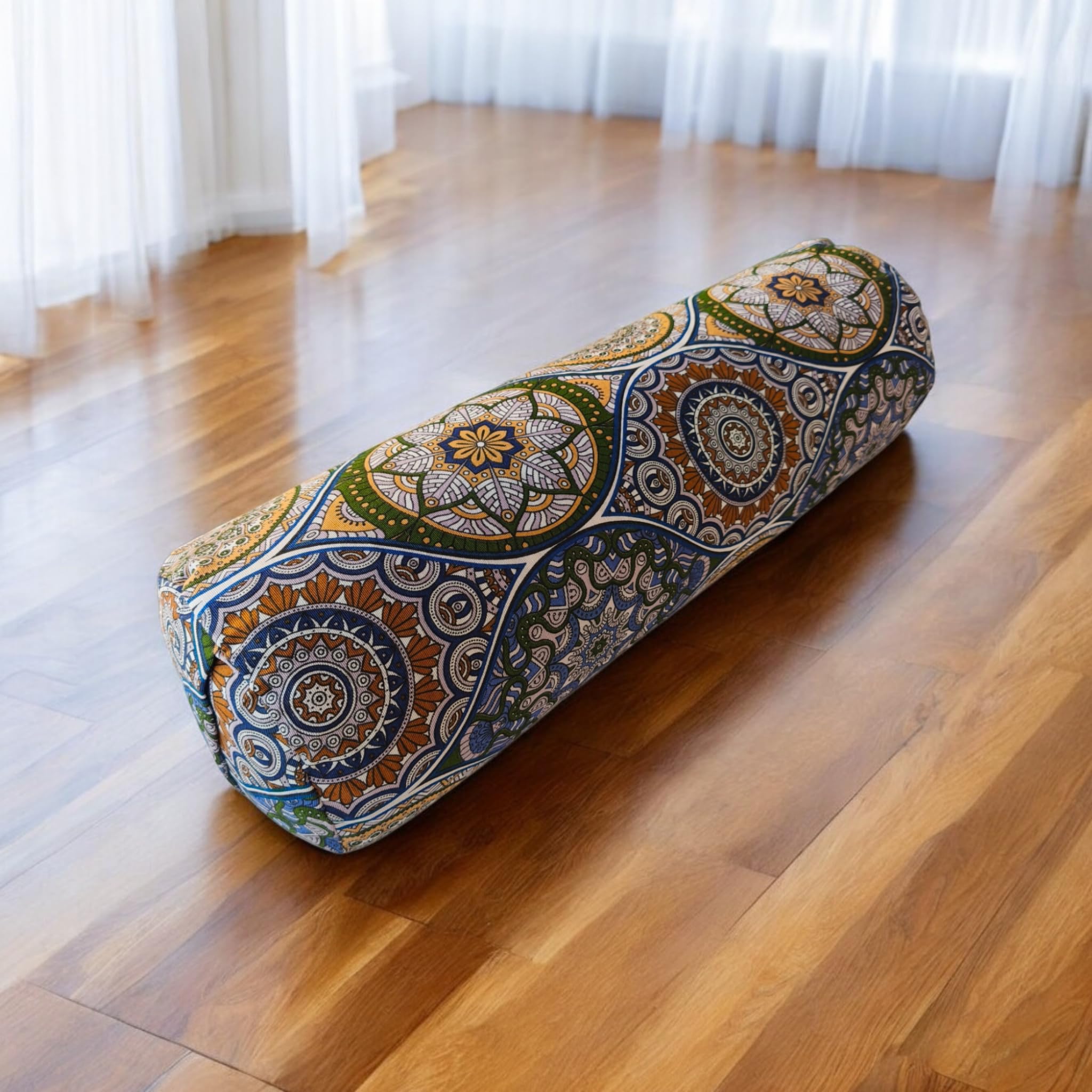 Bolter yoga "Mandalas Persa blu", cuscino yoga, cuscino meditazione, bolster cilindrico, cuscino yoga cilindrico, rivestimento lavabile, ripieno di pula di farro bio, 62x20cm