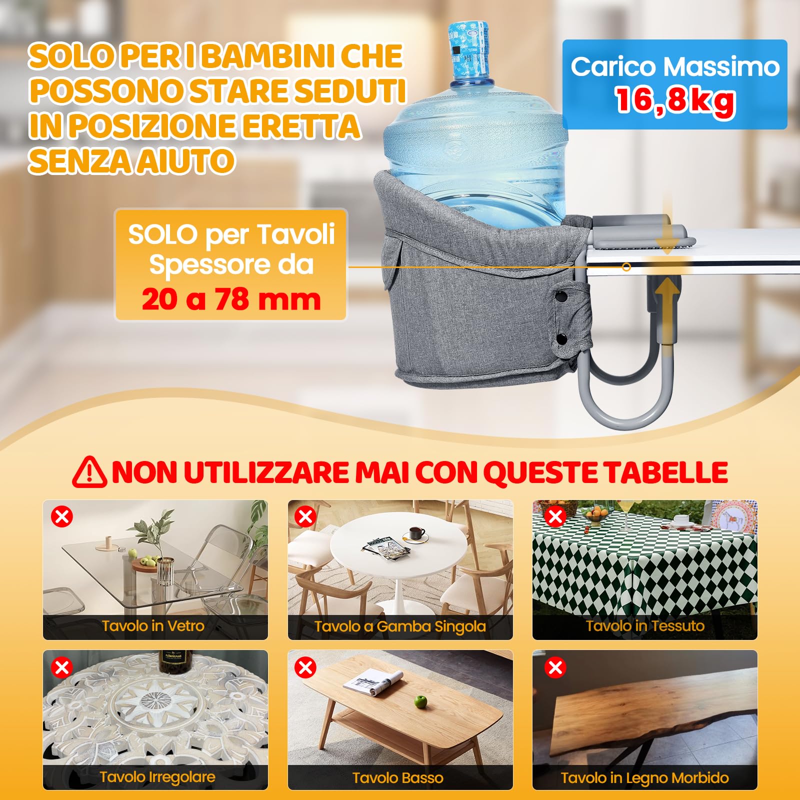 Orzbow Seggiolino da Tavolo per Bambini,Sedia da Tavolo per Bambini con Imbracatura a 5 Punti,Tappetini per l'imbottitura della Tracolla,Facile da Trasportare,per l'uso Domestico e Viaggi,Grigio