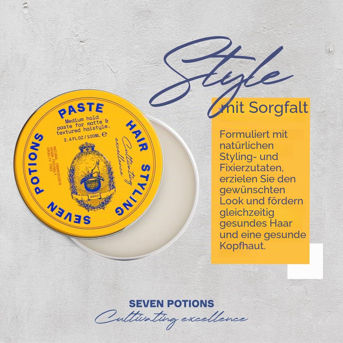 Seven Potions Haarstylingpaste für Männer 100ml - Mittlerer flexibler Halt Knete - Mattes und strukturiertes Finish - Einfache Anwendung - Natürlich, vegan, tierversuchsfrei