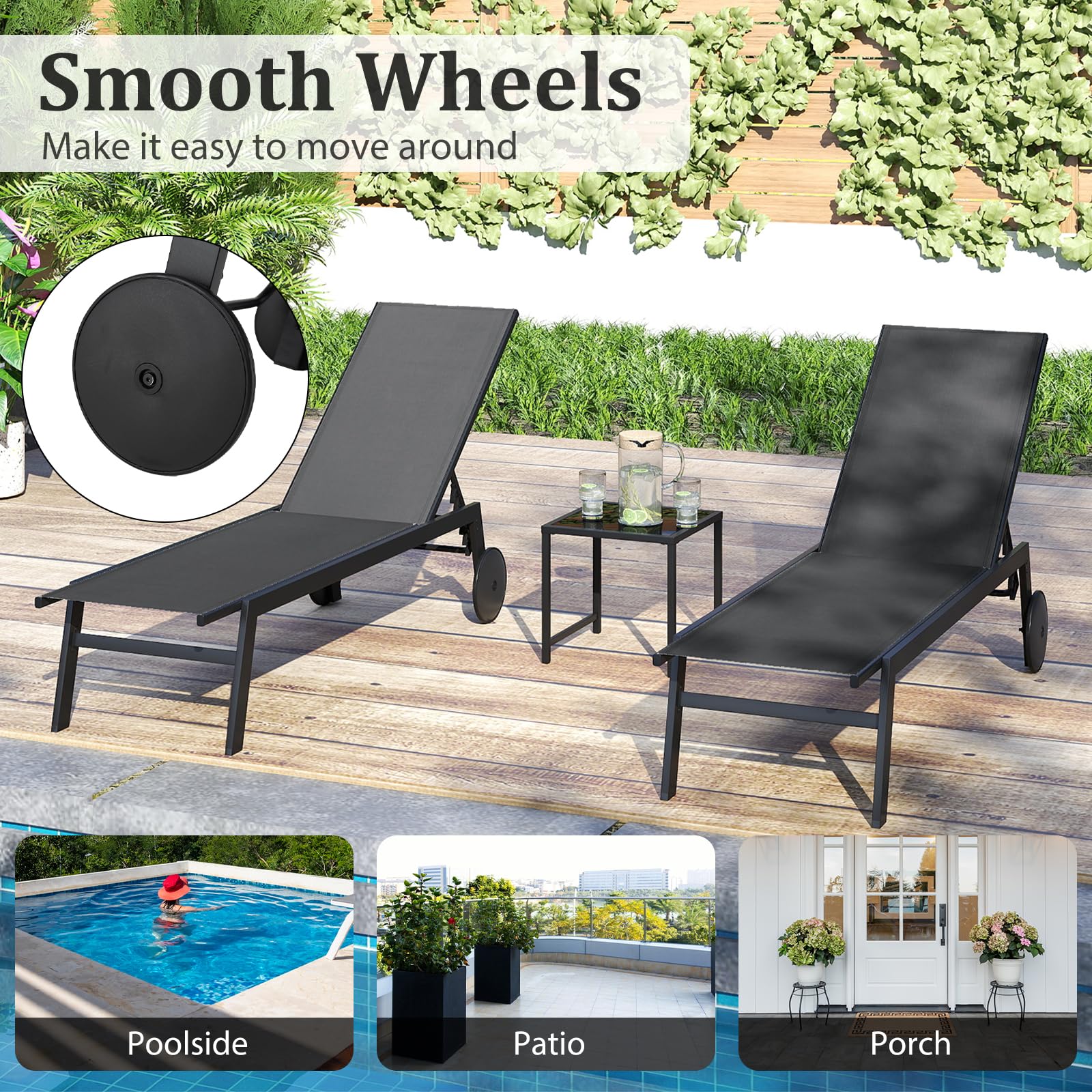 FANTASK Sonnenliege mit Rollen & Beistelltisch, Rollliege mit 6-Fach Verstellbarer Rückenlehne, Gartenliege aus schnelltrocknendem Stoff, Liegestuhl bis 150kg, Outdoorliege für Terrasse (Grau)