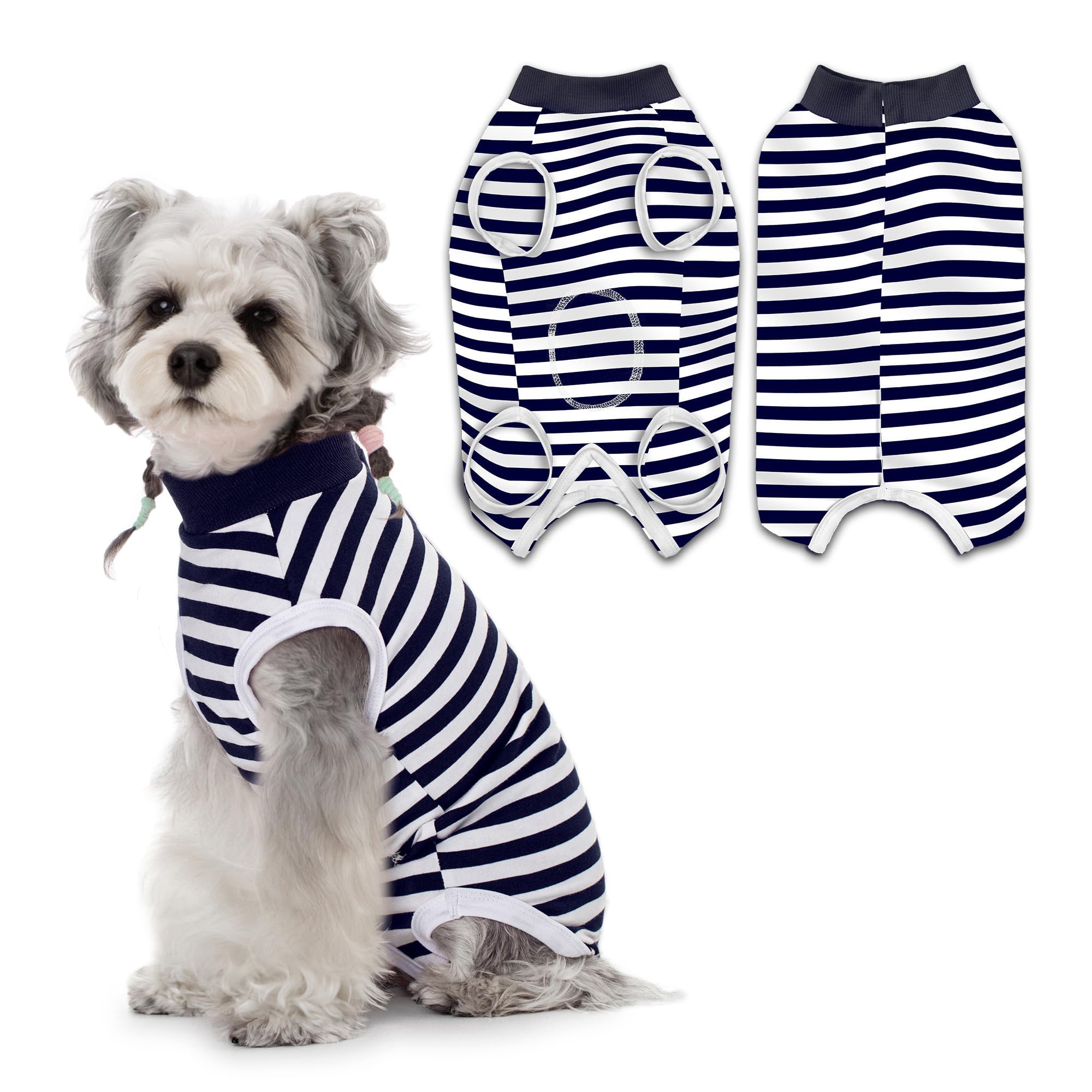 PawSailor Dog Recovery Surgery Suit Striped Dog Body Suit After Surgery, Soft Cotton Pet Surgical Recovery Vest Medical Puppy Onesie Button Closure, Wound Protection, Anti-Licking, Dark Navy L โ image 1