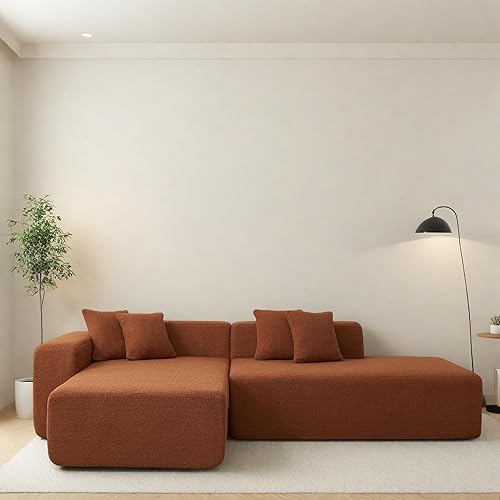 L-Shape Modular Compressed Couch, Cloud Sectional Sofa with Left Chaise Lounge, Corner Compressed Floor Sofa with Lambswool Fabric & Soft Pillows, Upholstered Couch for Living Room, Orange