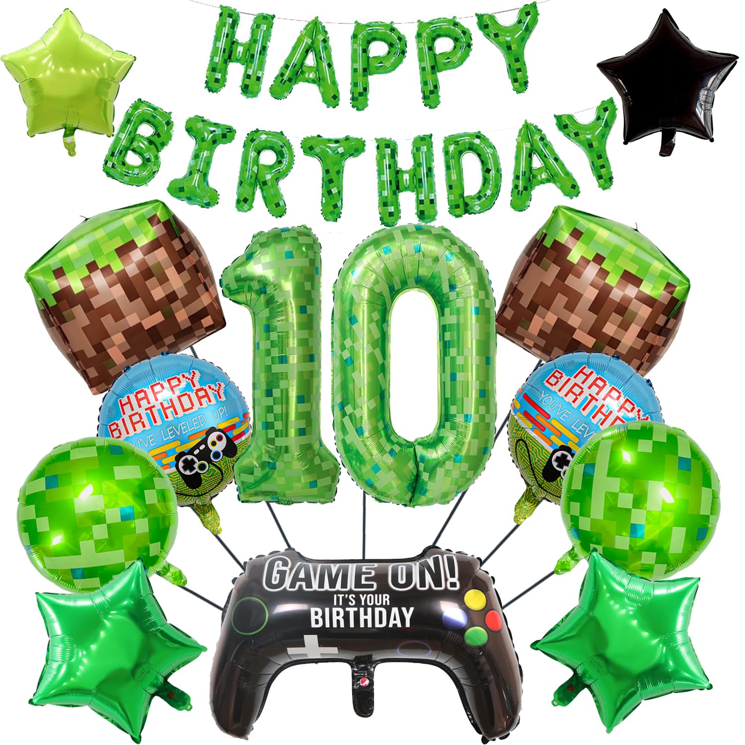 Finypa 25 Pieces Video Game Birthday Party Balloons Pixel Game Set with Happy Birthday Banner,40 Inch Number Foil Balloon, Grass Block Balloons,Gamepad Balloon for Kids Boys Gaming Party (10th)