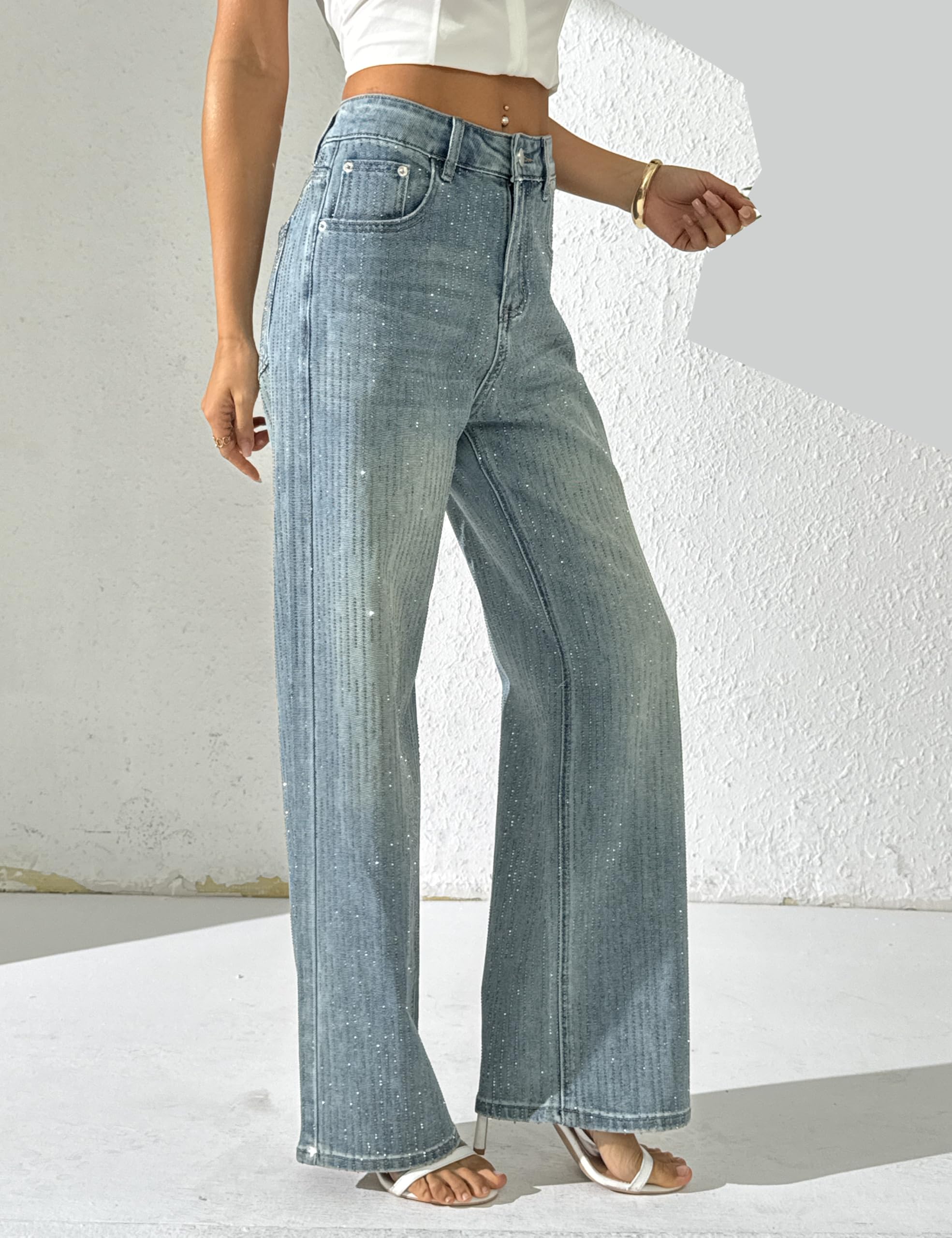 Fakanhui Damen-Jeans mit Strass, Perlen, weites Bein, Denim-Hose, glitzernd, glänzende Pailletten, Party, Club, Ausgehen, Outfits
