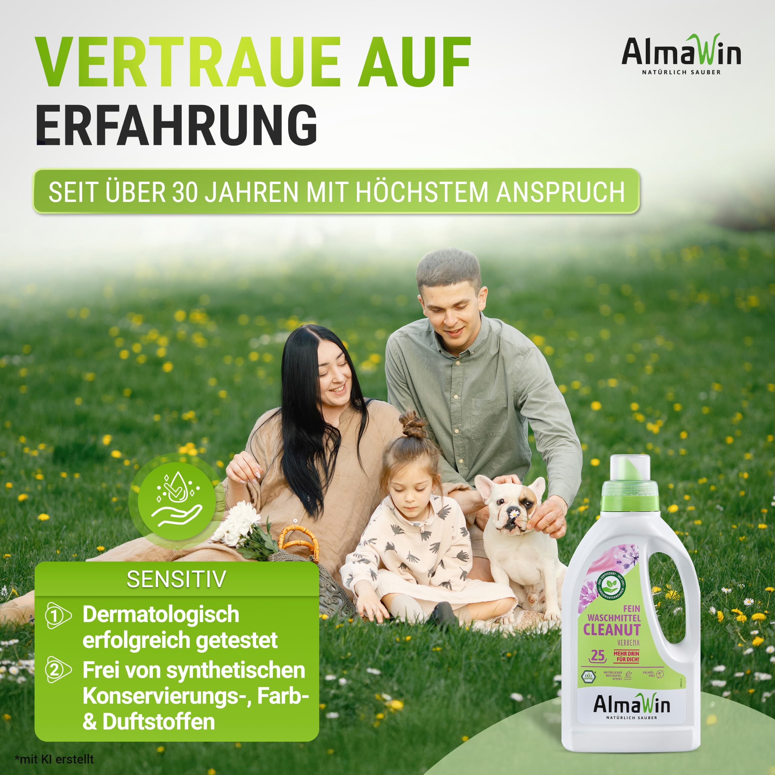 AlmaWin® Feinwaschmittel Cleanut [6x 750ml - 150 Ladungen] mit Waschnuss-Extrakt - Waschmittel mit Verbena-Duft für Feines & Buntes [20-60°C] - Flüssiges Waschmittel Natur - Öko, VEGAN & Palmölfrei