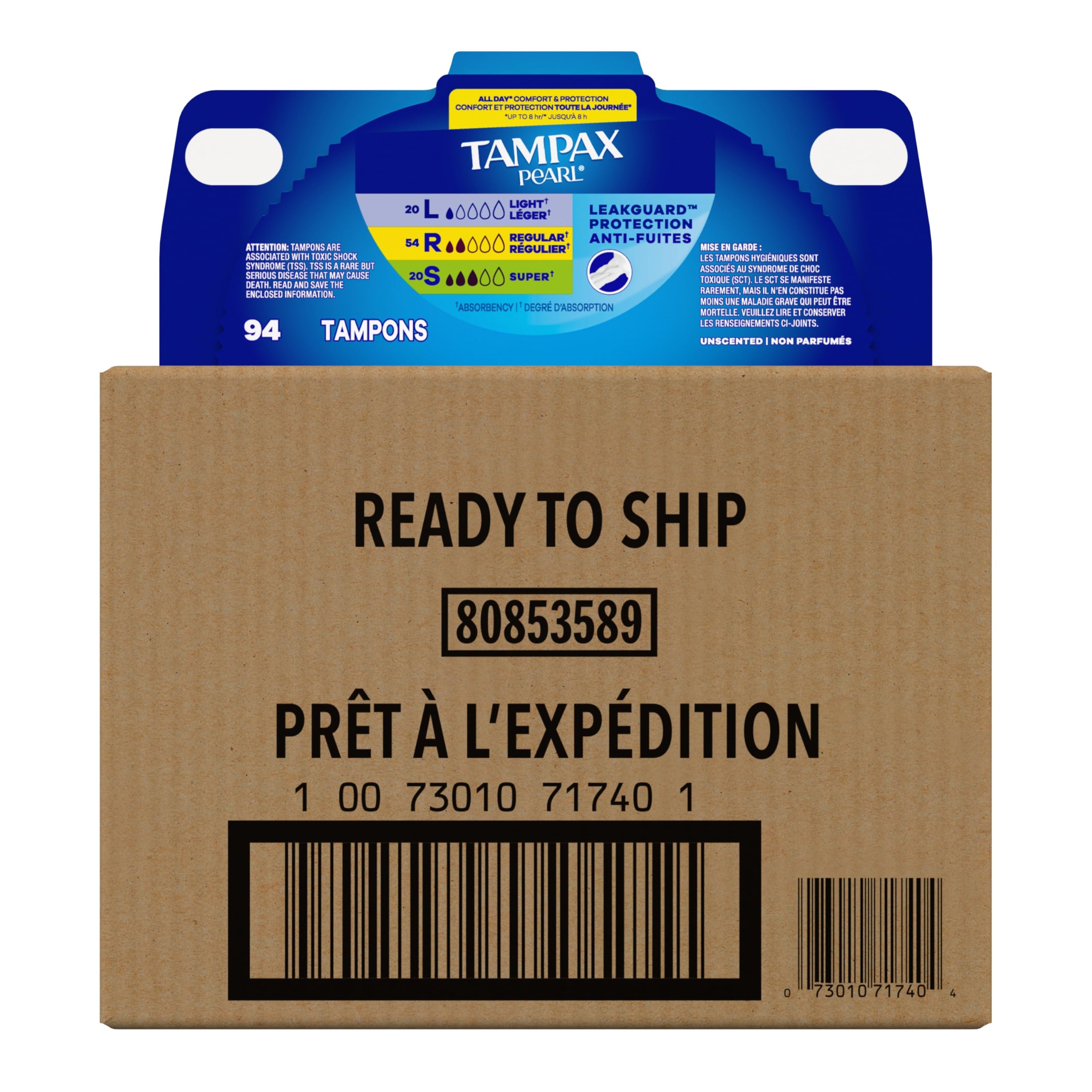 Tampax Pearl Tampons for Women Multipack, with LeakGuard Braid, Light/Regular/Super Absorbency, Unscented, 94 Count (2 Packs of 47) (Packaging May Vary)