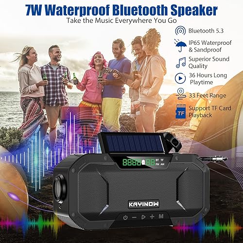 Miniatura 5 de Radio de Emergencia Solar con Manivela y Altavoz Bluetooth Impermeable, Radio Meteorológica Portátil AM FM NOAA, Batería Recargable de 5000mAh con