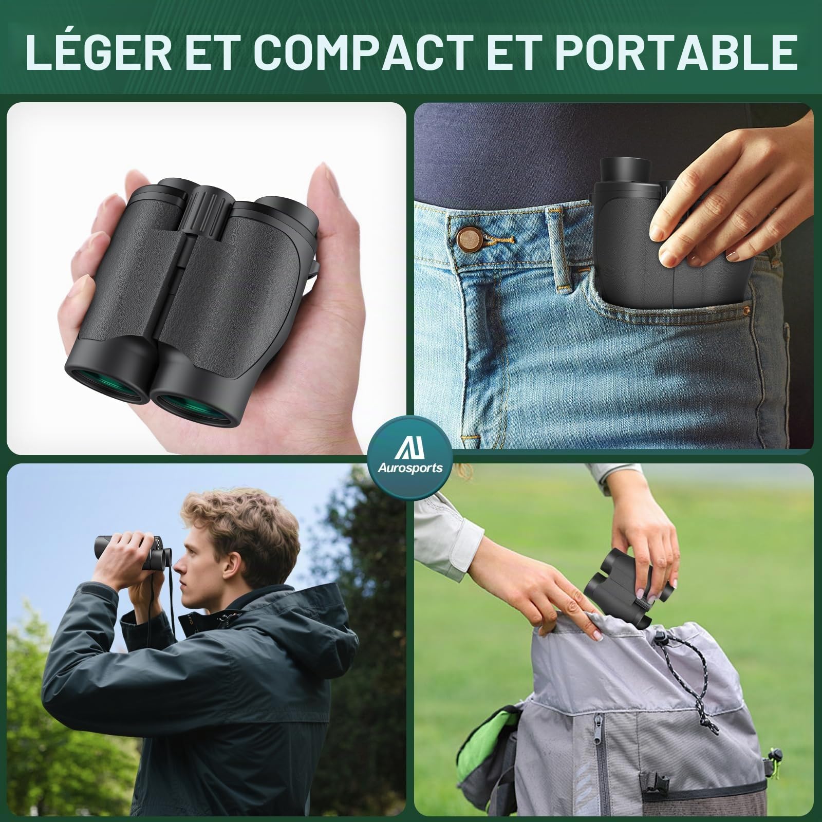 Aurosports Jumelles compactes 16x32 pour Adultes Enfants – Petites jumeau Haute Puissance avec Vision Faible – Jumelles Adultes Puissance avec Prisme BAK4 et lentilles FMC Mise au Point Facile Légères