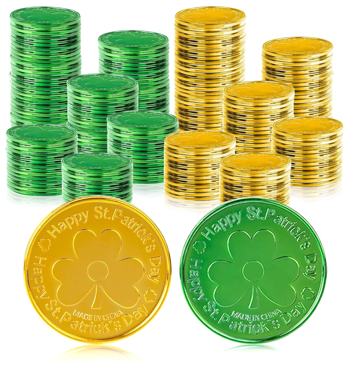 EnriQ 160 PCS St Patricks Day Gold Coins - Shamrock Gold Green Lucky Coins Plastic Leprechaun Coins 3-Leaf Clover Coin for St Patricks Day Decorations Party Favors