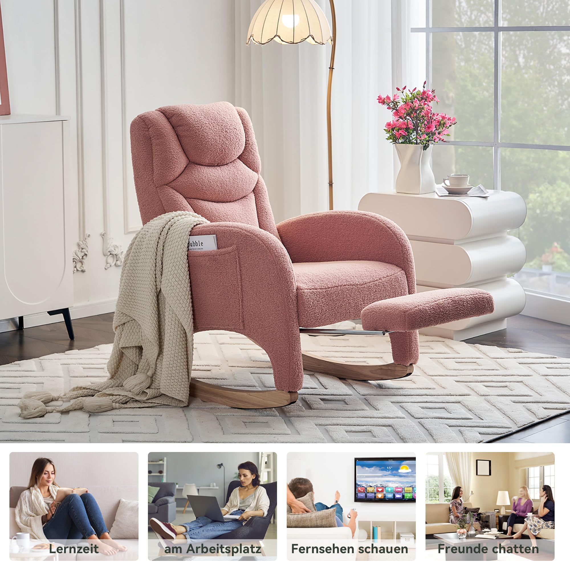 052 Mecedora, sillón relax, silla de salón con reposabrazos, mecedora acolchada, silla acento para dormitorio, tela de peluche rosa, capacidad de carga de 110 kg