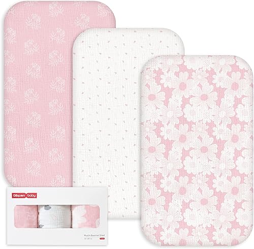 Miniatura 25 de Gllquen Baby Paquete de 3 sábanas de muselina para moisés, transpirable, elástica, acogedora, de algodón, para bebé, niño y niña, apta para sábanas