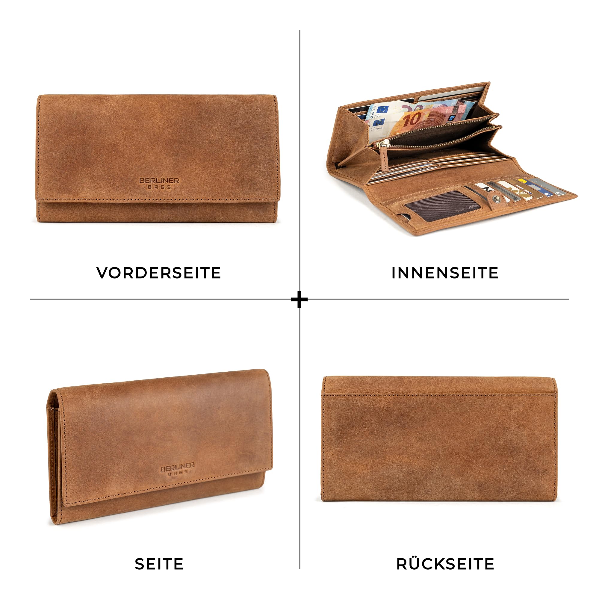 Berliner Bags Vintage Geldbörse Iris, Großes Portemonnaie aus Leder, Elegante Geldbeutel mit Mehreren Kartenfächern, RFID-Schutz & Druckknopf für Damen – Braun