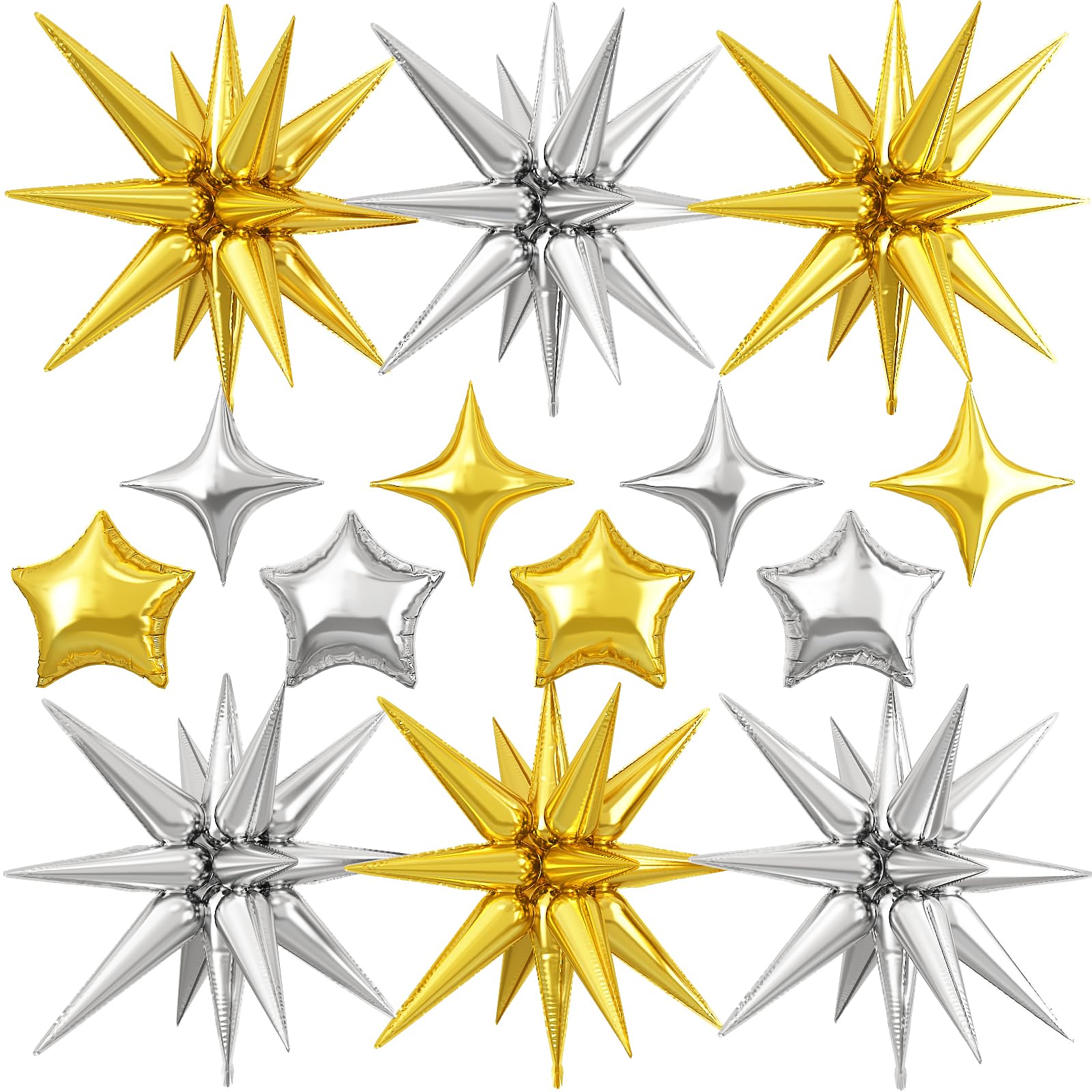 14pcs Gold Silver Star Balloons, Mixed Star Foil Balloon, 22Inch Explosion Stars Balloons with 10Inch Stars Shaped Balloon, for Birthday Graduation