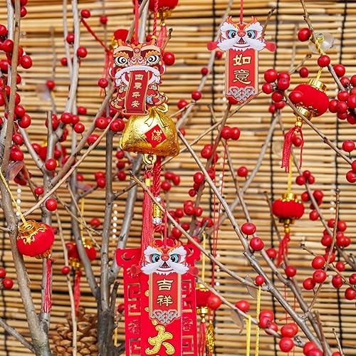 Miniatura 3 de Mikikit Decoraciones de año nuevo chino, 12 piezas de adornos de borla colgante rojo del año 2024 para festival de primavera, adornos de árbol de