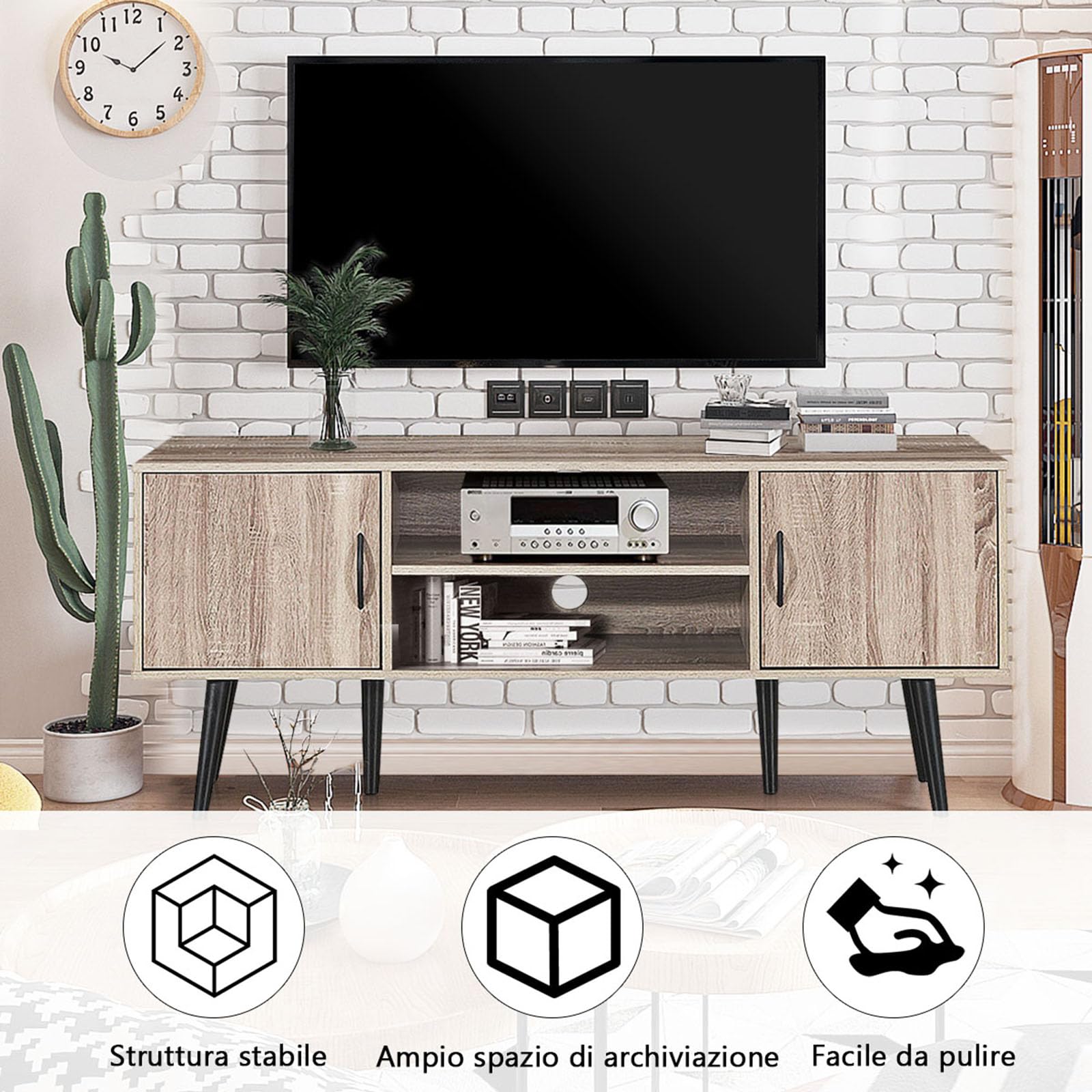COSTWAY Mobile Porta TV Moderno, Supporto per TV con 2 Armadietti, Mensola Aperta, per TV fino a 65 Pollici, per Salone, Camera da letto, Corridoio, 147 x 39,5 x 62 cm