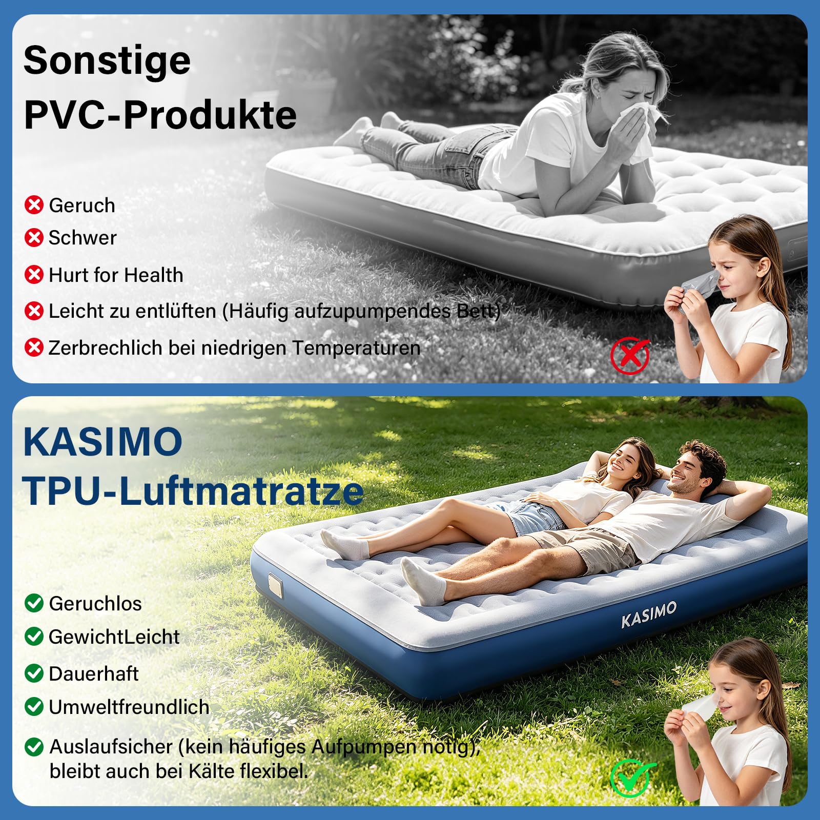 KASIMO TPU Luftmatratze selbstaufblasend, Luftbett 2 Personen, Gästebett mit integrierter Elektrischer Pumpe, aufblasbare matratze mit Kissen, luftmatratze 190x150x22cm für Gäste zu Hause und Camping