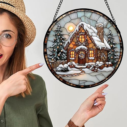 Miniatura 3 de Atrapasoles de Vidrio Manchado para Colgar en Ventanas - Atrapasoles de Árbol de Navidad y Cabaña para Puerta, Jardín, Hogar, Decoración de