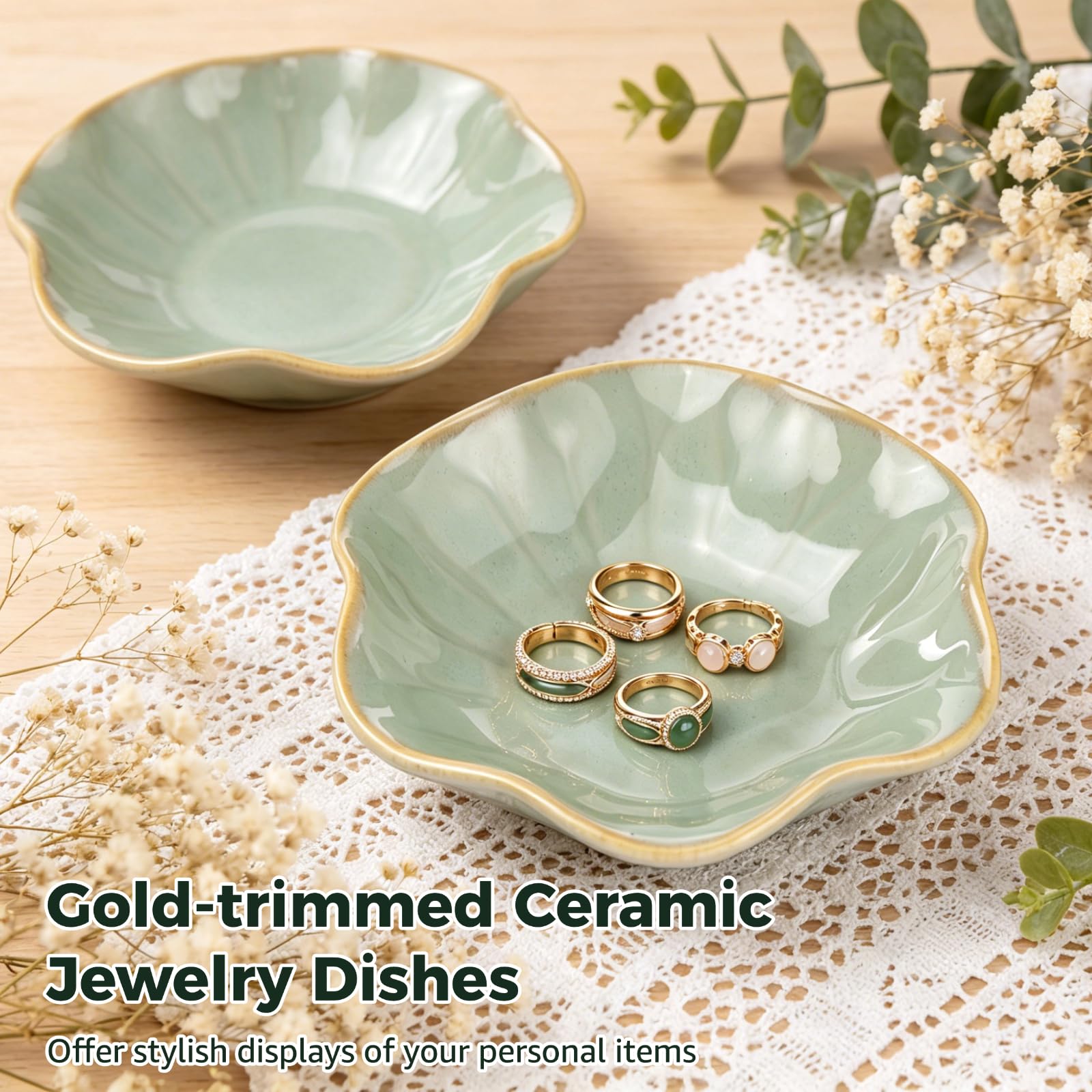 Keramik-Schmuckschalen, Lotusblatt-Ringschalen, kleine Schmucktabletts, grüne Töpferteller, goldfarbene Schmuckhalter, niedliche Schlüsselschalen für Nachttisch-Dekoration, 9 Stück