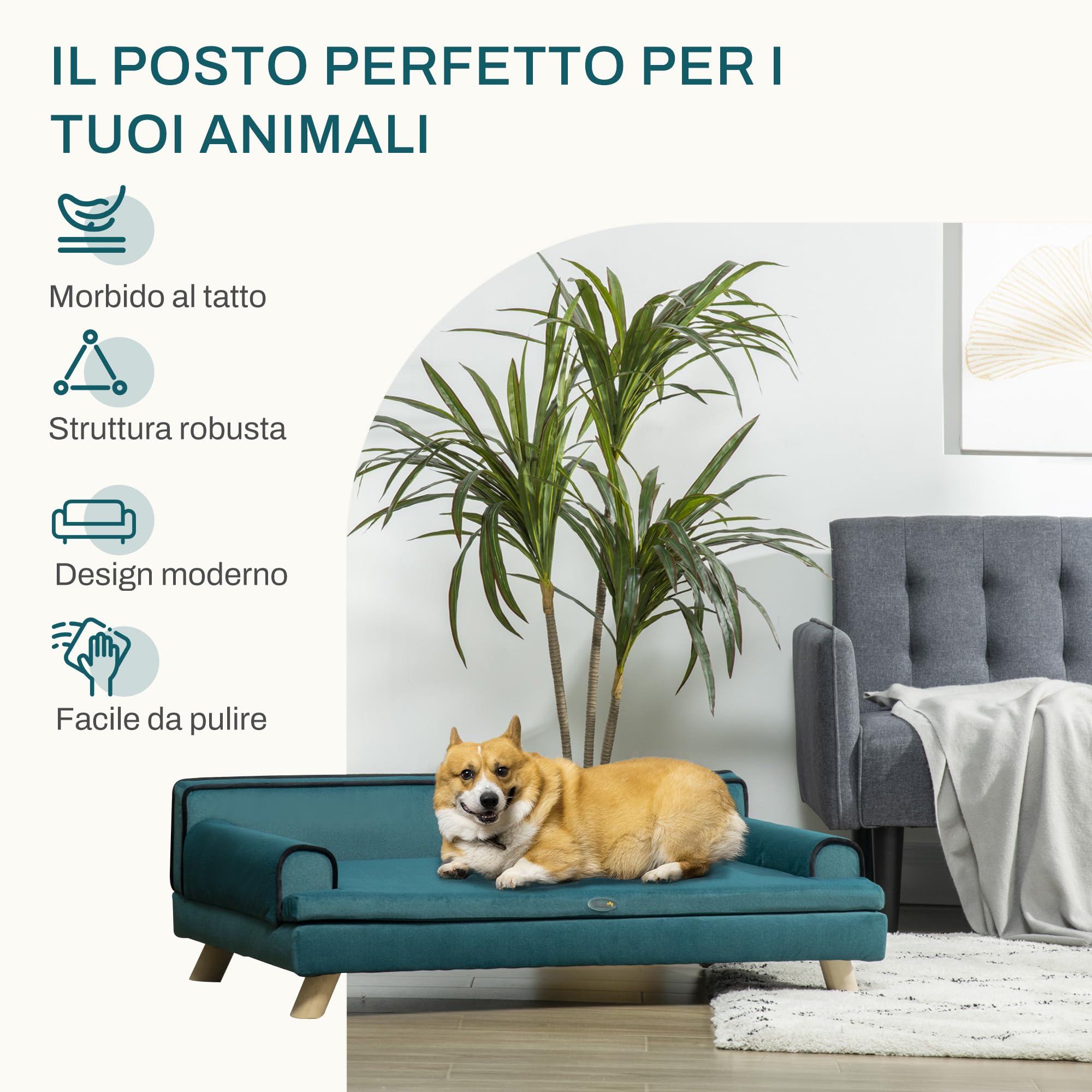 PawHut Divano per Cani Grandi con Imbottitura e Rivestimento Morbido, Cuccia per Cani con Rivestimento Lavabile e Gambe in Legno, Verde Scuro