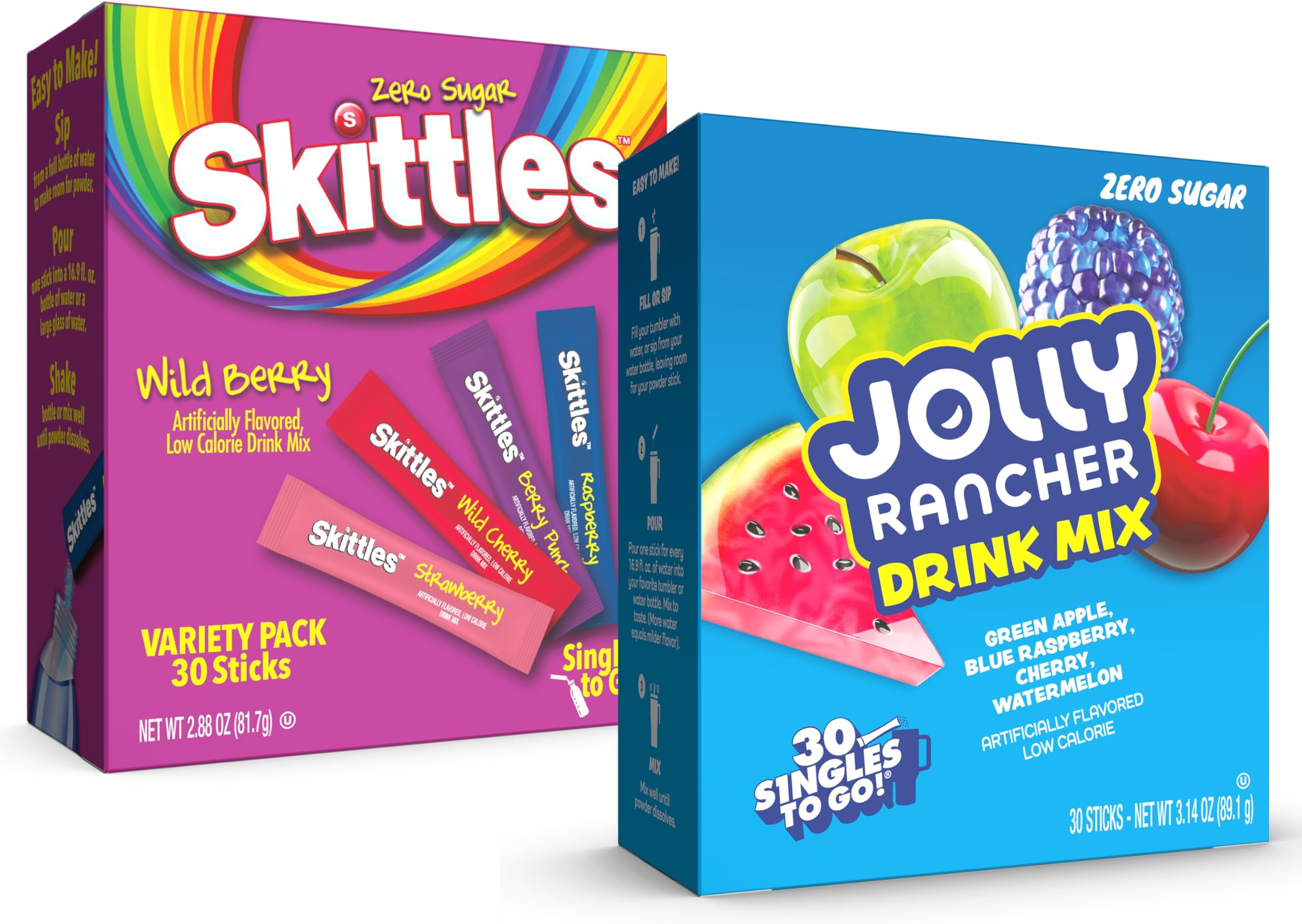 Jolly Rancher & Skittles Wild Berry Drink Mix Variety Pack – 60 Singles to Go Water Flavoring Sticks – Zero Sugar, Low Calorie Powdered Drink Mix – Cherry, Blue Raspberry, Raspberry & More