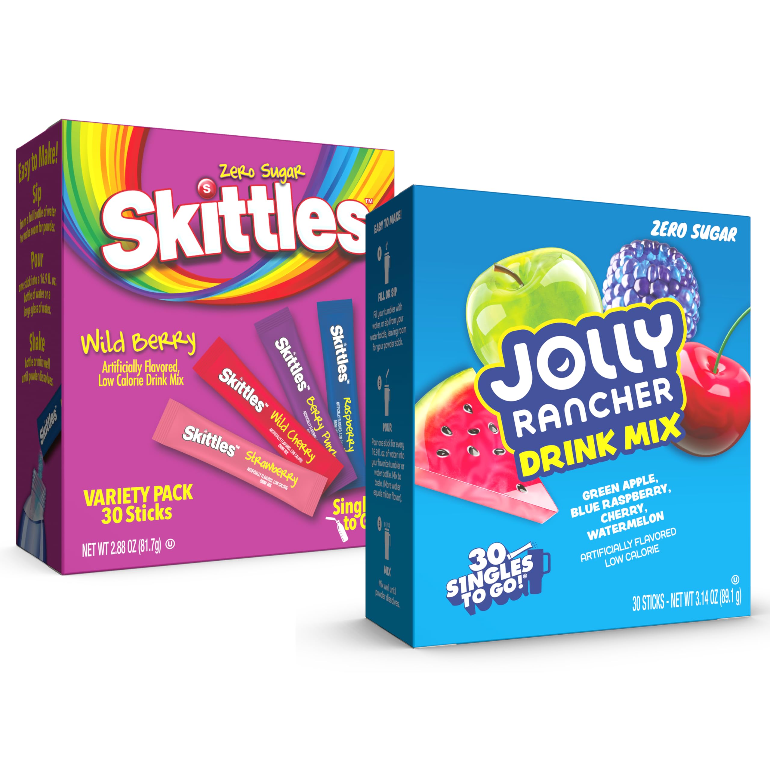 Jolly Rancher & Skittles Wild Berry Drink Mix Variety Pack – 60 Singles to Go Water Flavoring Sticks – Zero Sugar, Low Calorie Powdered Drink Mix – Cherry, Blue Raspberry, Raspberry & More