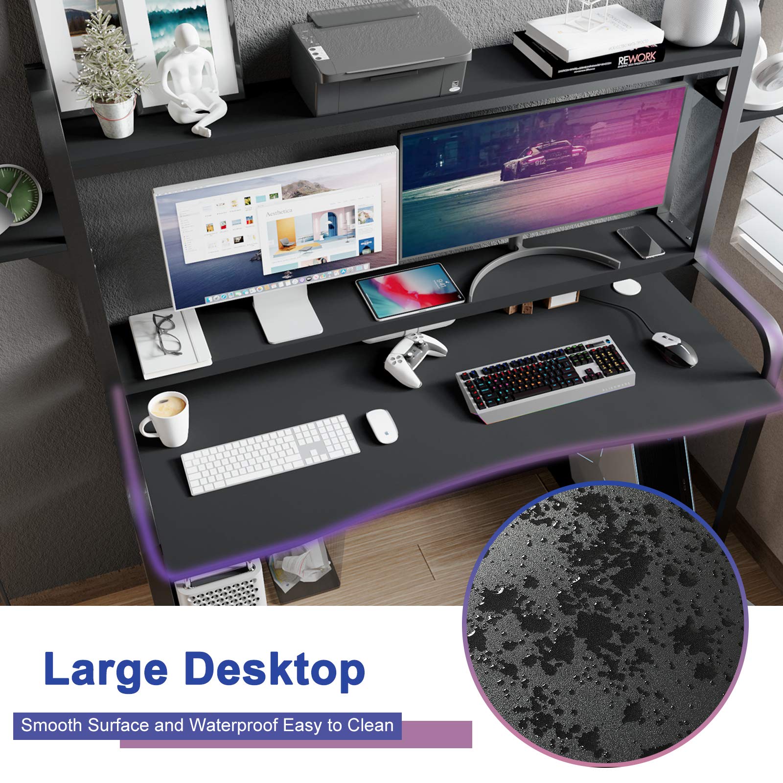 Sedeta Gaming Desk with Shelves and Hutch, 55'' Computer Desk with