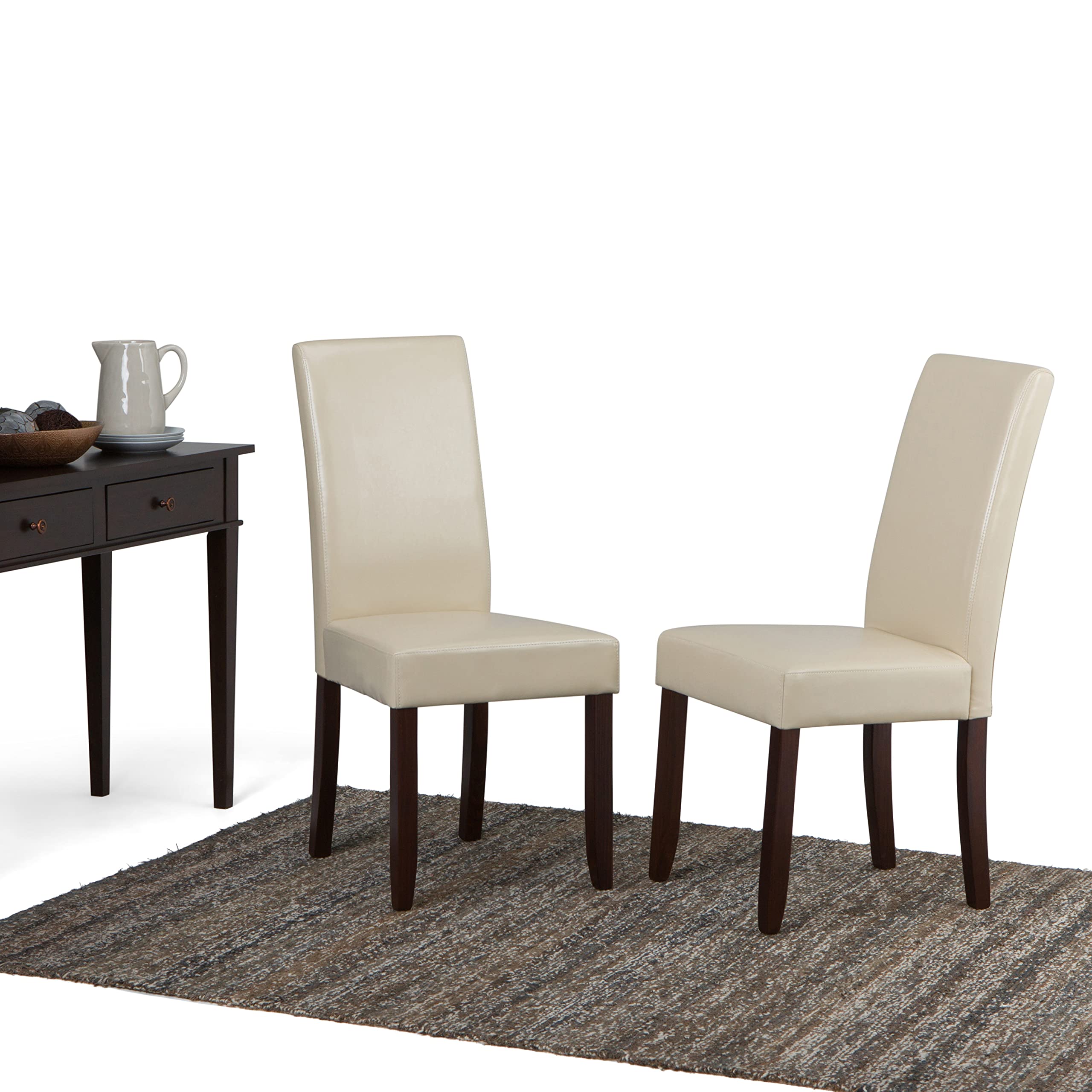 (Similar to stock photo) SIMPLIHOME Acadian Parson Dining Chair (Set of 2), Satin Cream Faux Leather and SOLID WOOD, Square, Upholstered, For the Dining Room, Contemporary Modern