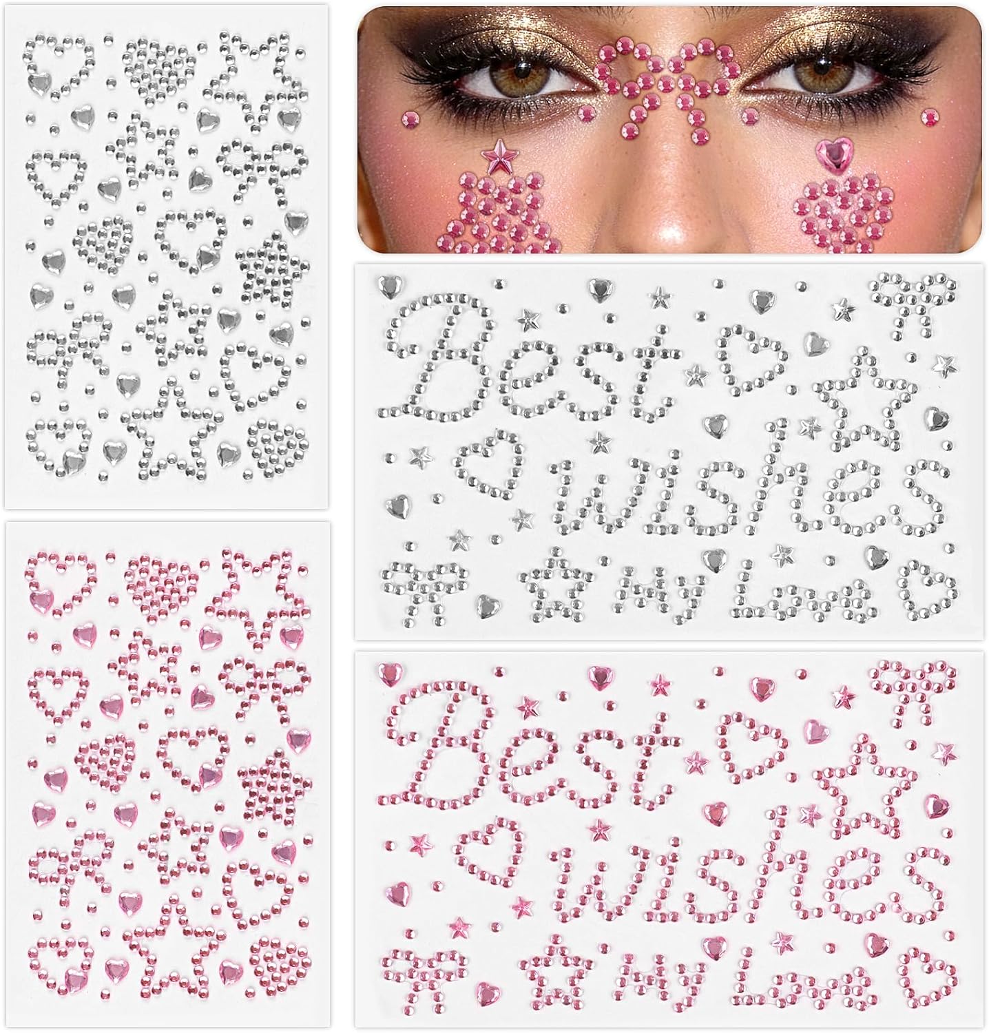 4 Sheets Self-Adhesive Gem Stickers for Crafts, Pink Silver Heart Star Bow Happy Birthday Bling Rhinestone Stickers, DIY Glitter Crystal Jewel Stickers for Birthday Party, Face Makeup, Gift Decoration