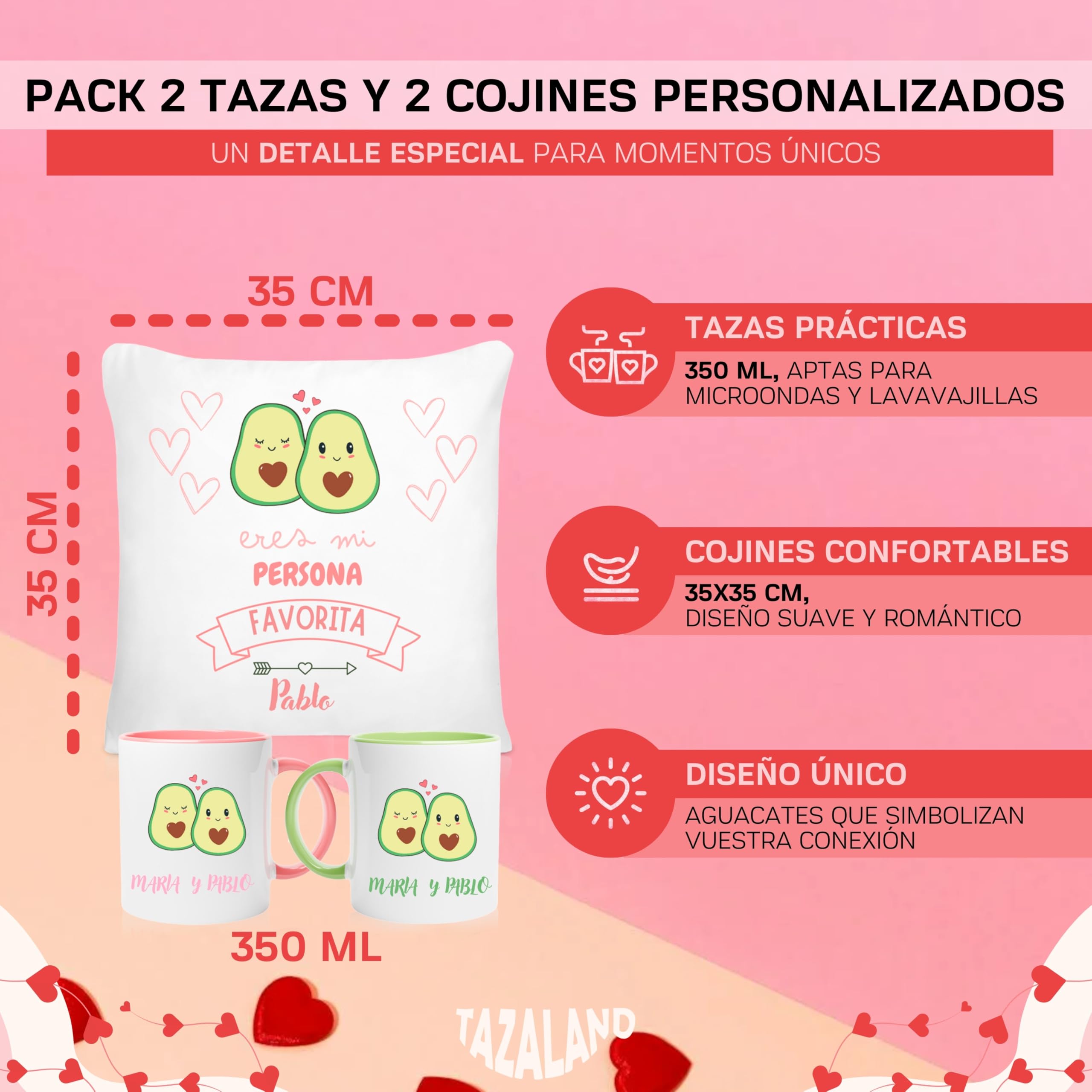 Regalo Personalizado San Valentín | Pack 2 Tazas y 2 Cojines - Aguacates | Regalos Originales Mujer Hombre | Regalos para Parejas, Novia, Novio | Detalles Románticos