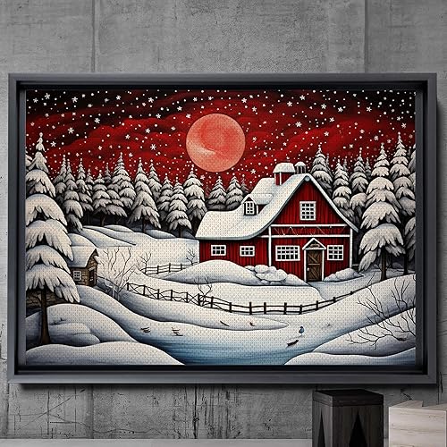 Farm Christmas Eve Wall Art, Farmhouse Sign, Vintage Red Farm Barn Snowy Christmas Painting Canvas Print, Over Mantel Decor Ready To Hang, Large
