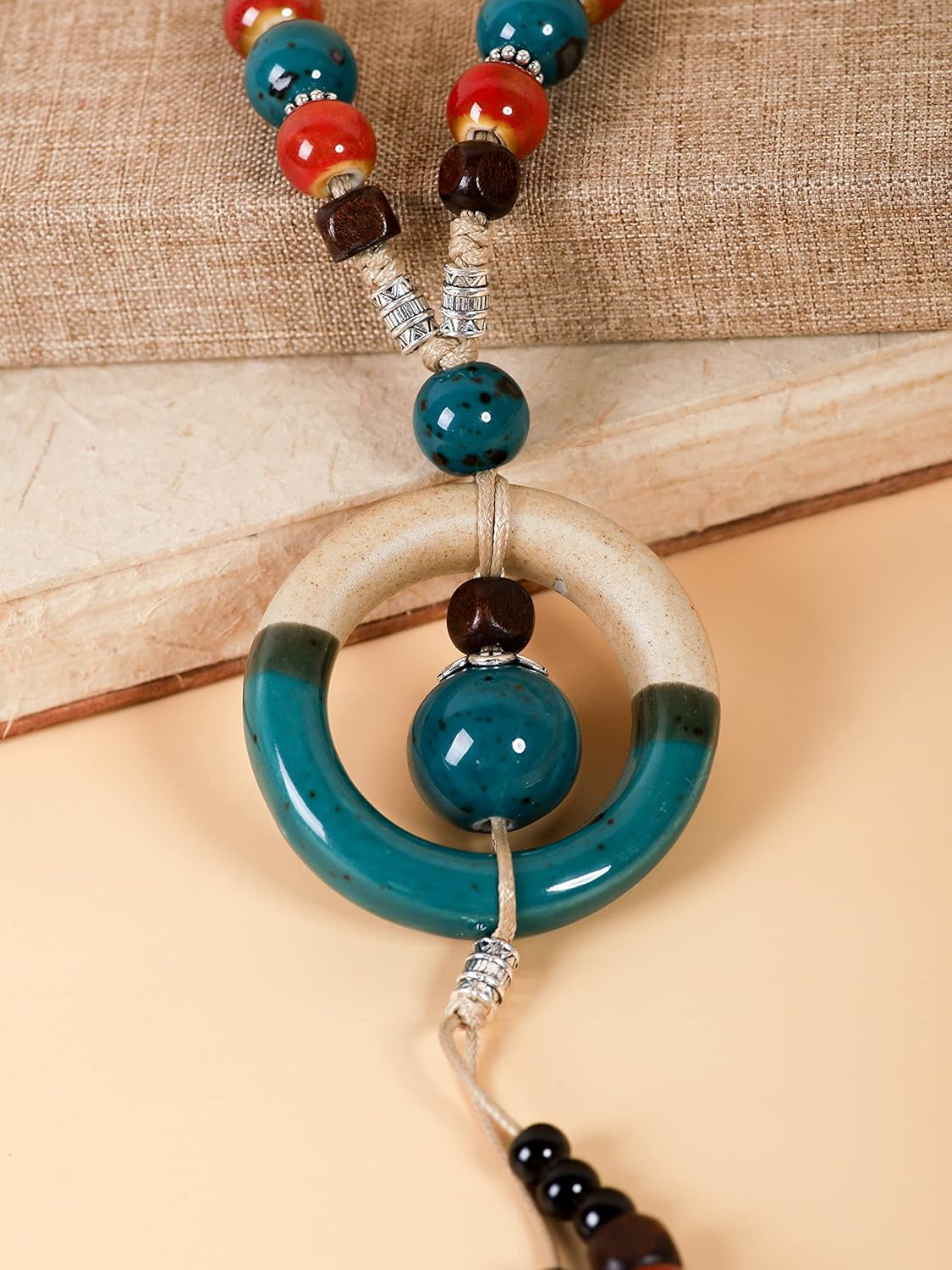 MINACHI Boho Hippie Colorful Ceramic Beads Strand O Ring Circle Charm Long Y Necklace, Vintage Bohemian Statement Jewelry Gift for Women - Image 3