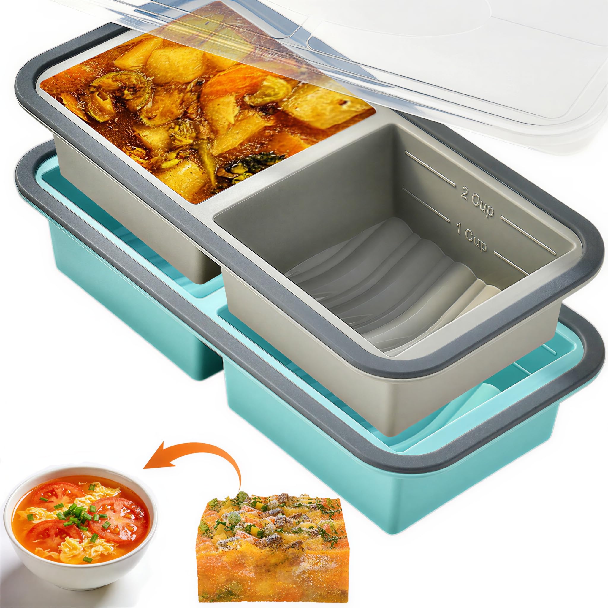 2 Pack Silicone Soup Freezer Containers, Soup Freezer Moulds, Ice Trays for Freezer, Ice Cube Tray for Storing 500mL/250mL Broth, Soup, Leftovers, Sauce, Makes 4 2-Cup Portions Cubes