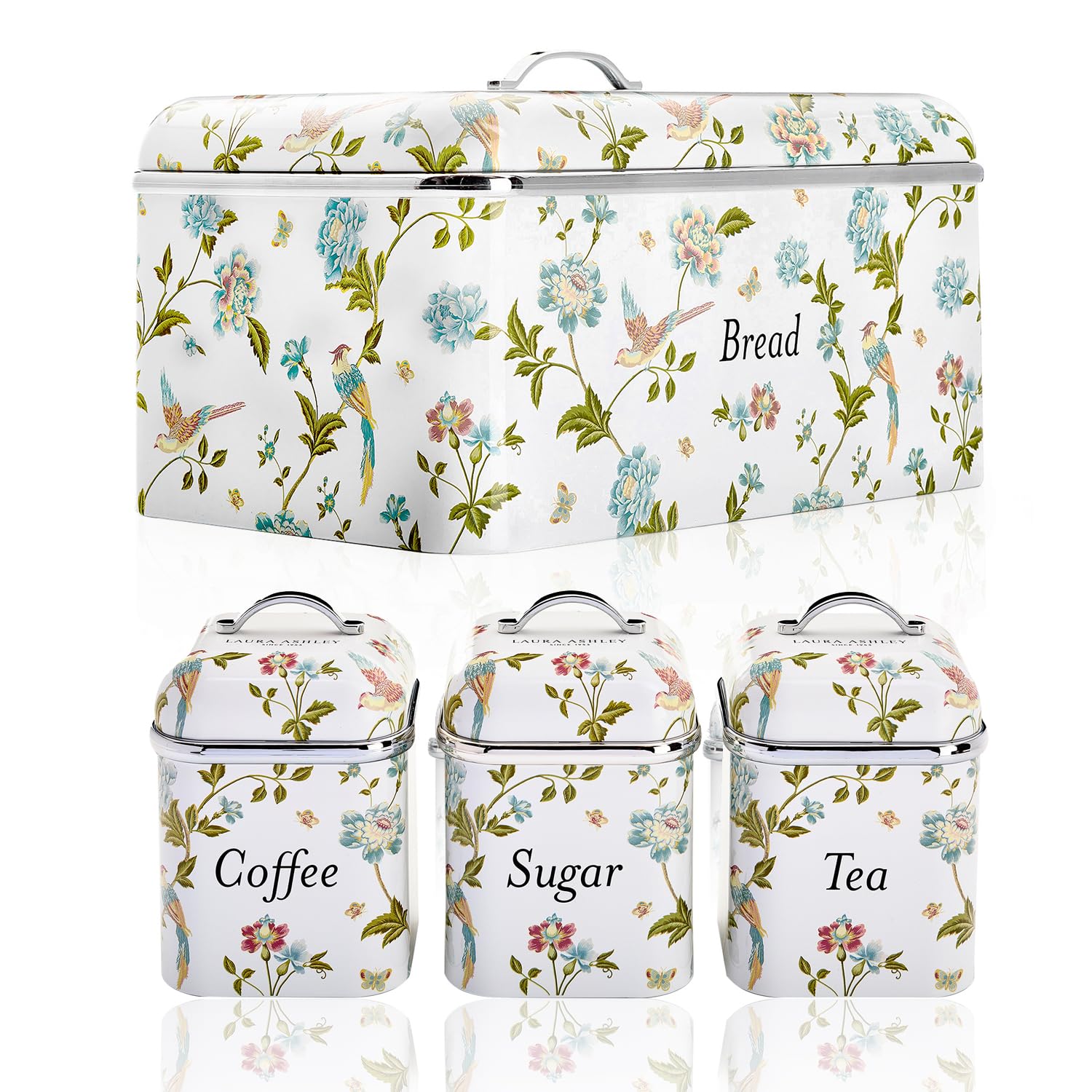 Laura Ashley VQ EEJB454 Bread Bin Removable Lid, Stainless Steel and Set of 3 Canisters With Hand Applied Elveden White Print VQBB66CLAWUK / VQBB25LAEWUK