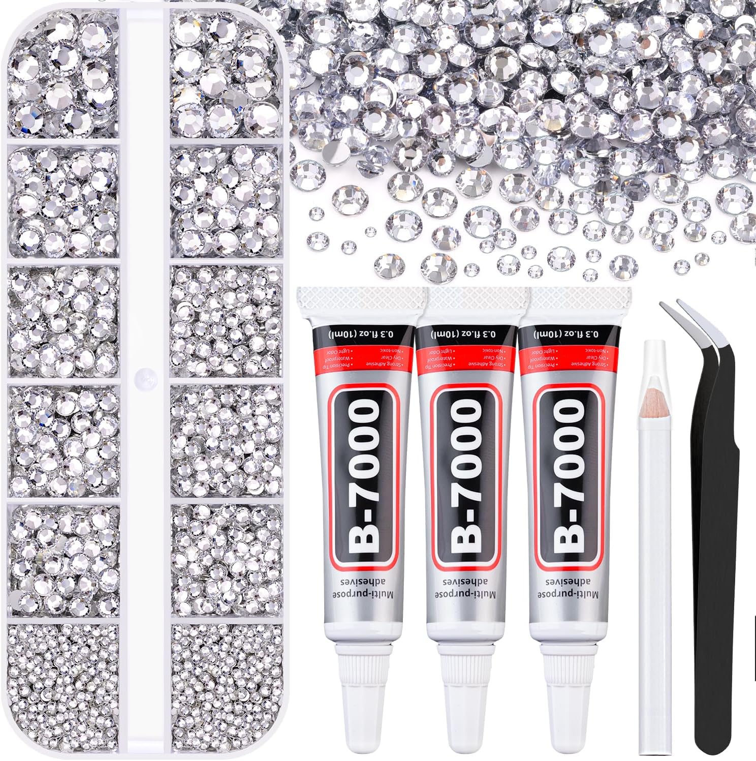 Resin Rhinestones for Crafting with B7000 Jewelry Glue, 1 Box Clear Flatback Crystals with 3Pcs 10ml Glue for Bedazzling Crafts DIY Nail Art Makeup,Non Hotfix Gems for Clothing Shoes