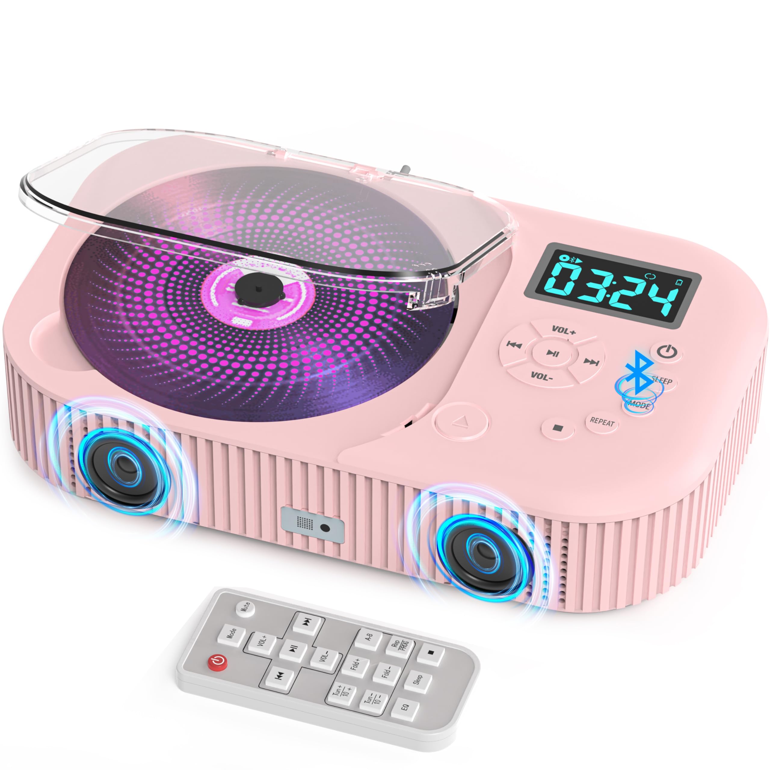 Greadio Portable CD Player with Bluetooth 5.3, Rechargeable Boombox CD Player with FM Radio, Discman CD Player for Home Car with Dual Speaker/LCD Display/Remote Control/AUX/USB (Pink)