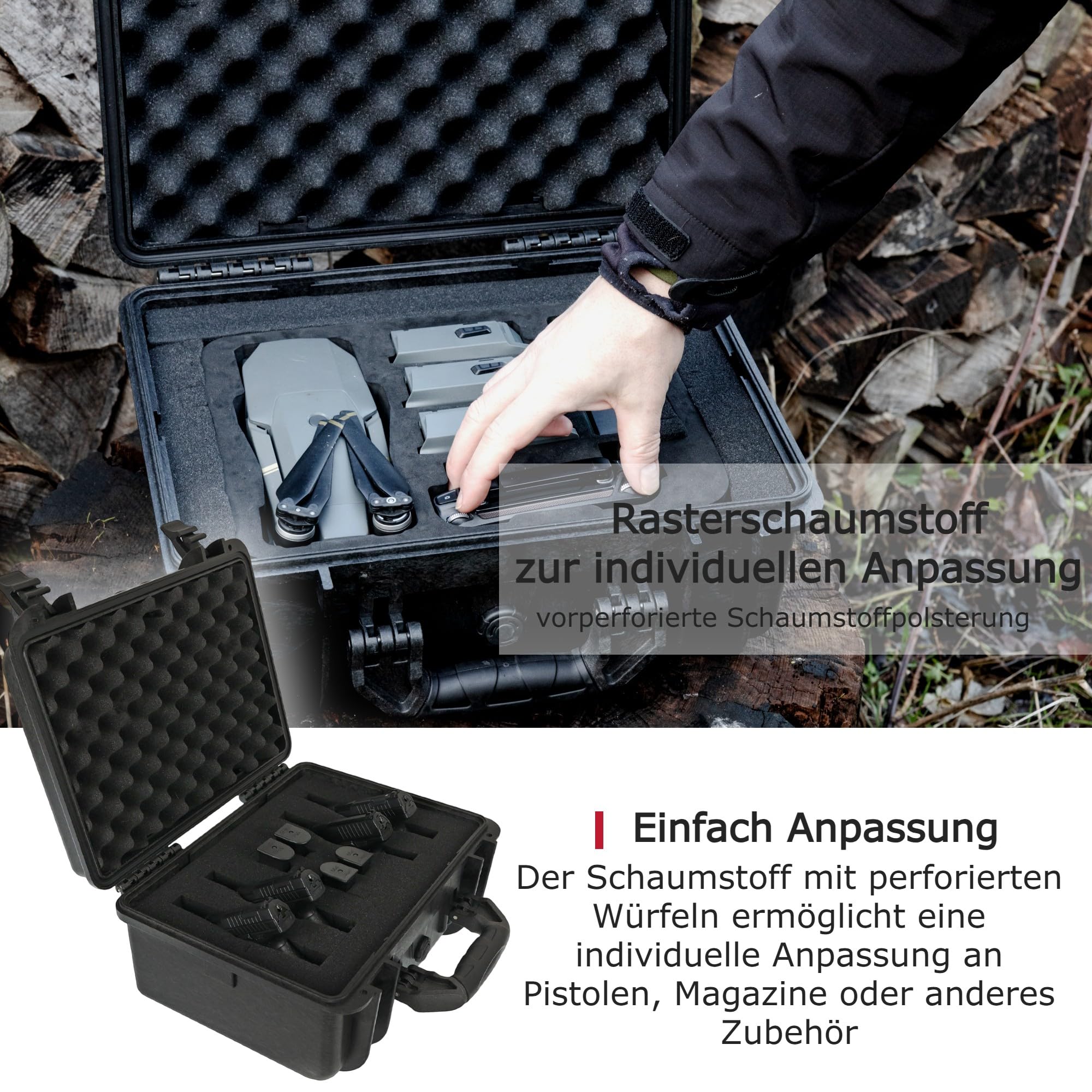 OpTacs Hartschalenkoffer wasserdicht für Pistolen und Zubehör 41x34,2x20,4cm – Stoßfest, Staubdicht, mit anpassbarem Rasterschaumstoff, abschließbar, ideal für Kurzwaffen