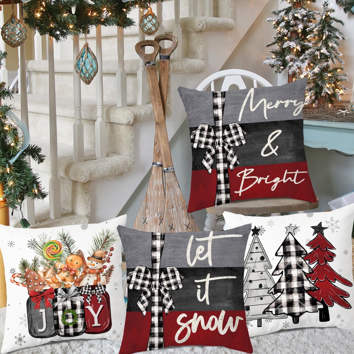 Miaikoe 45x45 cm Christmas Cushion Covers Merry Christmas Joy Xmas Trees Red and Black Decorative Winter Holiday Cushion Case Decoration for Coach Sofa Set of 4 - Image 3