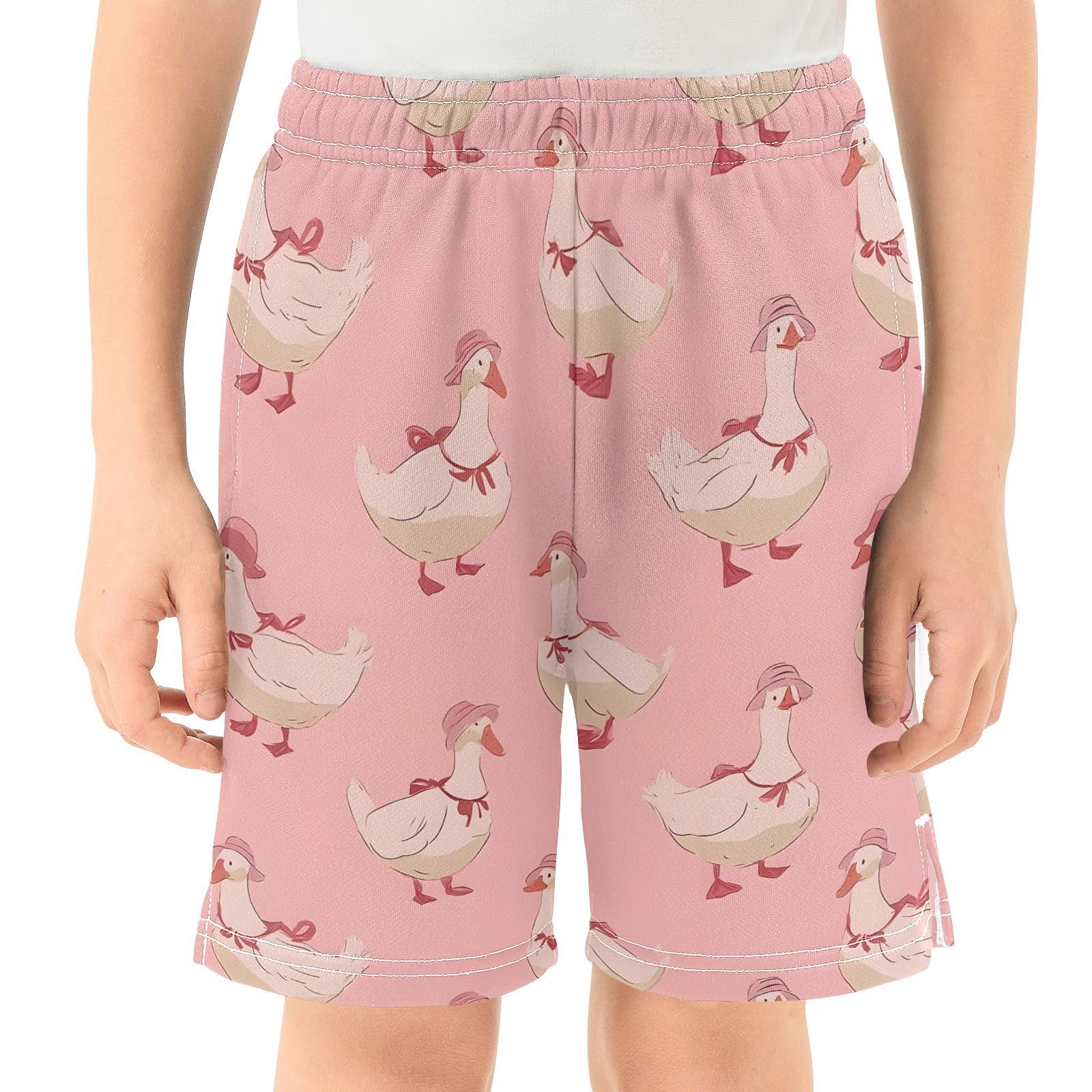 Cute White Ducks Pink Shorts for Boys Summer Athletic Outdoor Boys Shorts Size 9-10