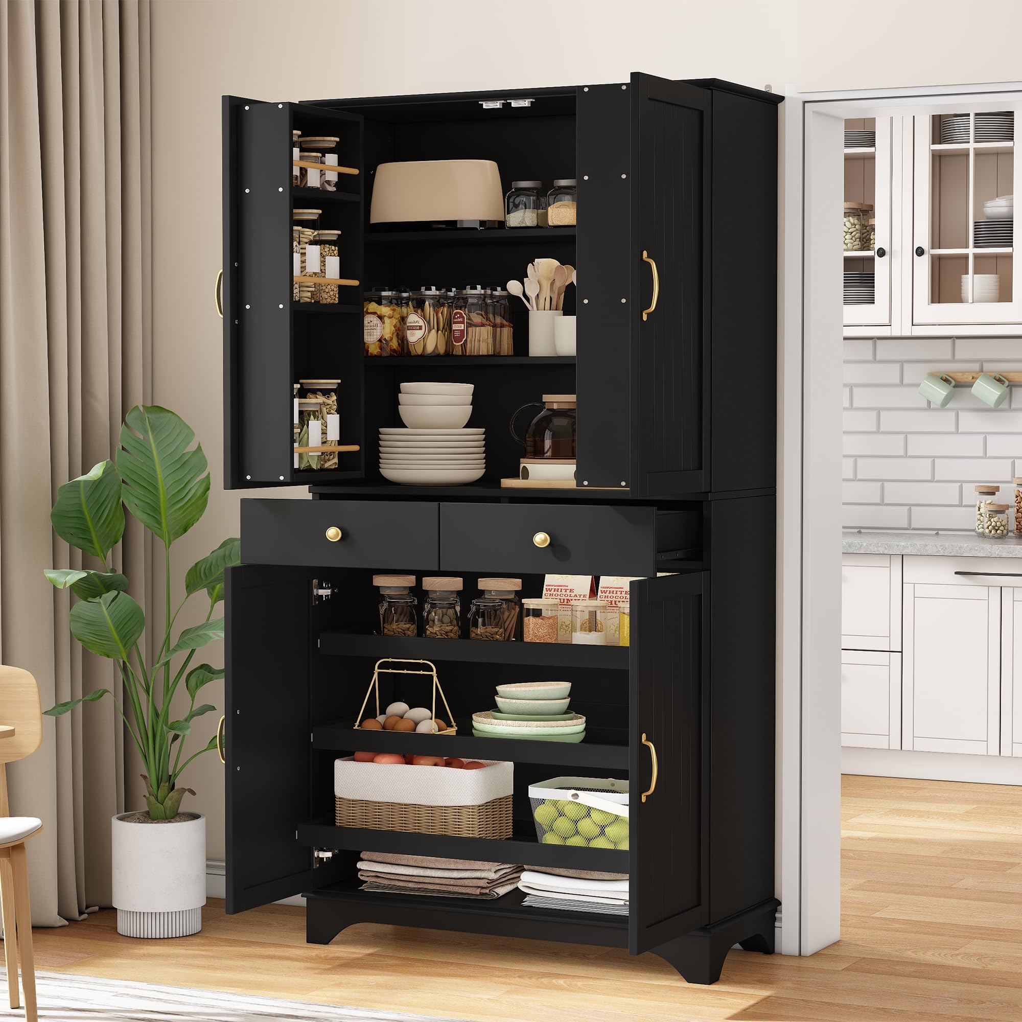 Armario alto con estantes ajustables y cajones, estantería con estantes extensibles y puertas de frigorífico, ideal para comedor, salón y cocina (negro)