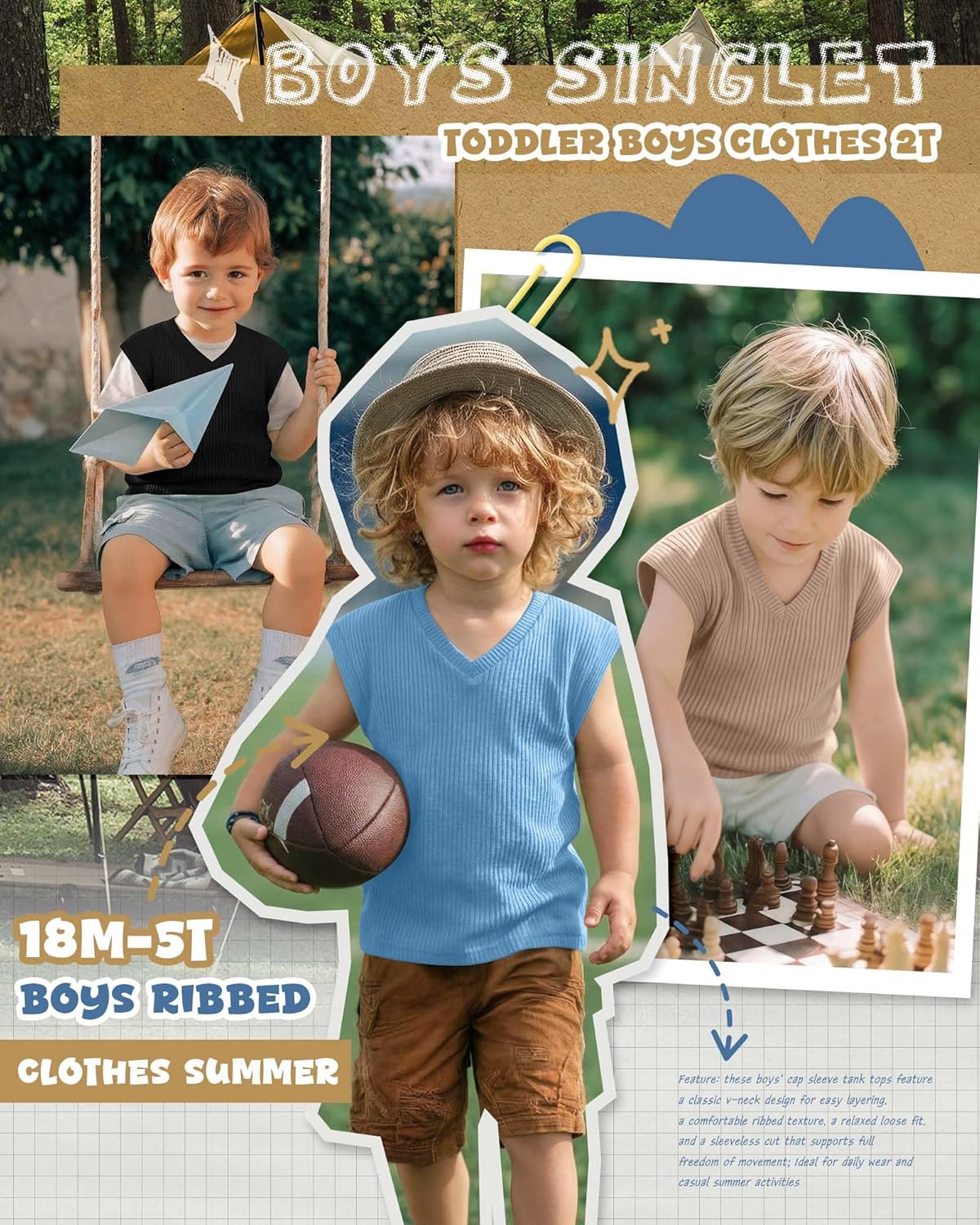 4 Pack Toddler Boys' Cap Sleeve T Shirts Ribbed V Neck Pullover Tank Tops Sleeveless Loose Fit Undershirts 18M-5T