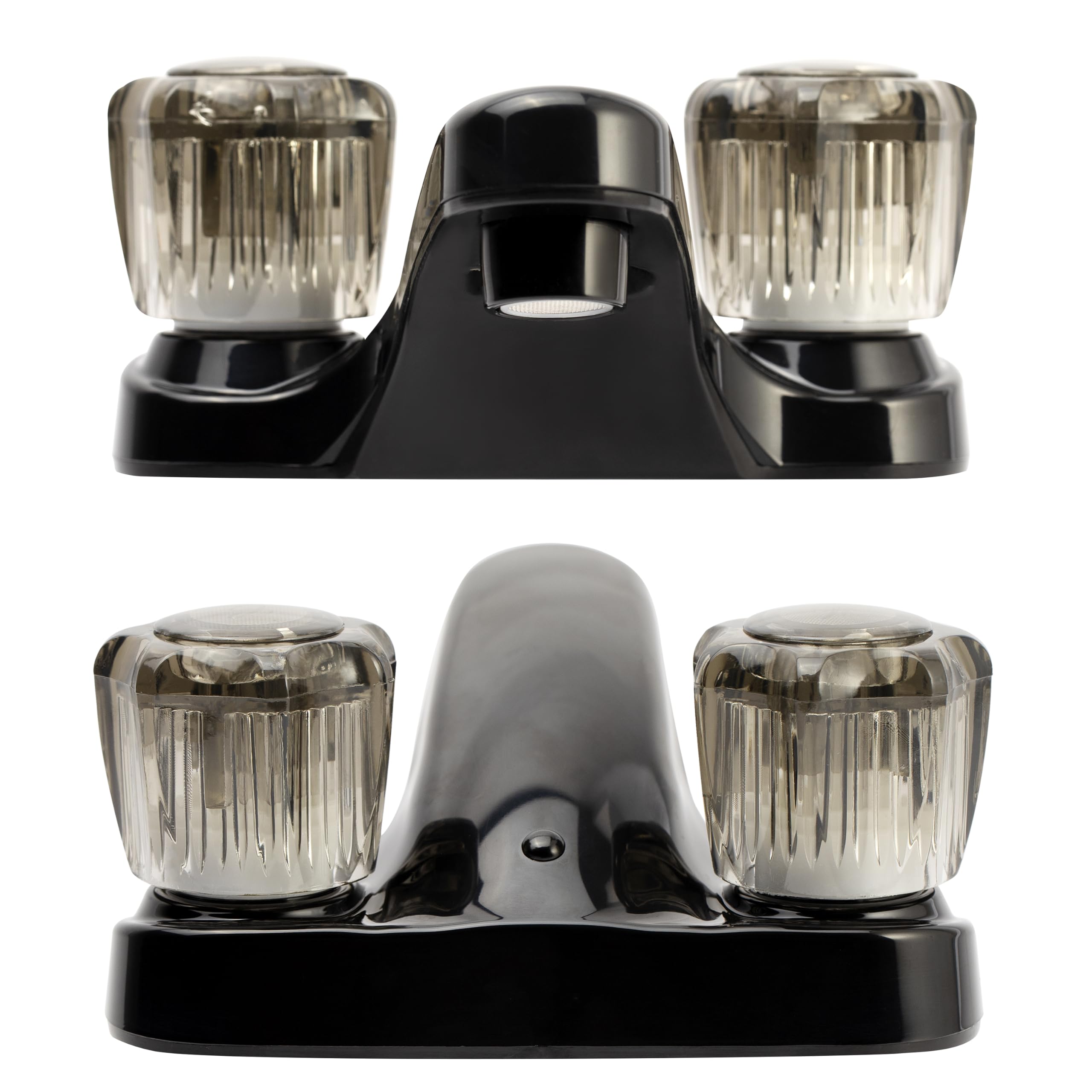 Dura Faucet Grifo de lavabo RV con pomos acrílicos ahumados, color negro